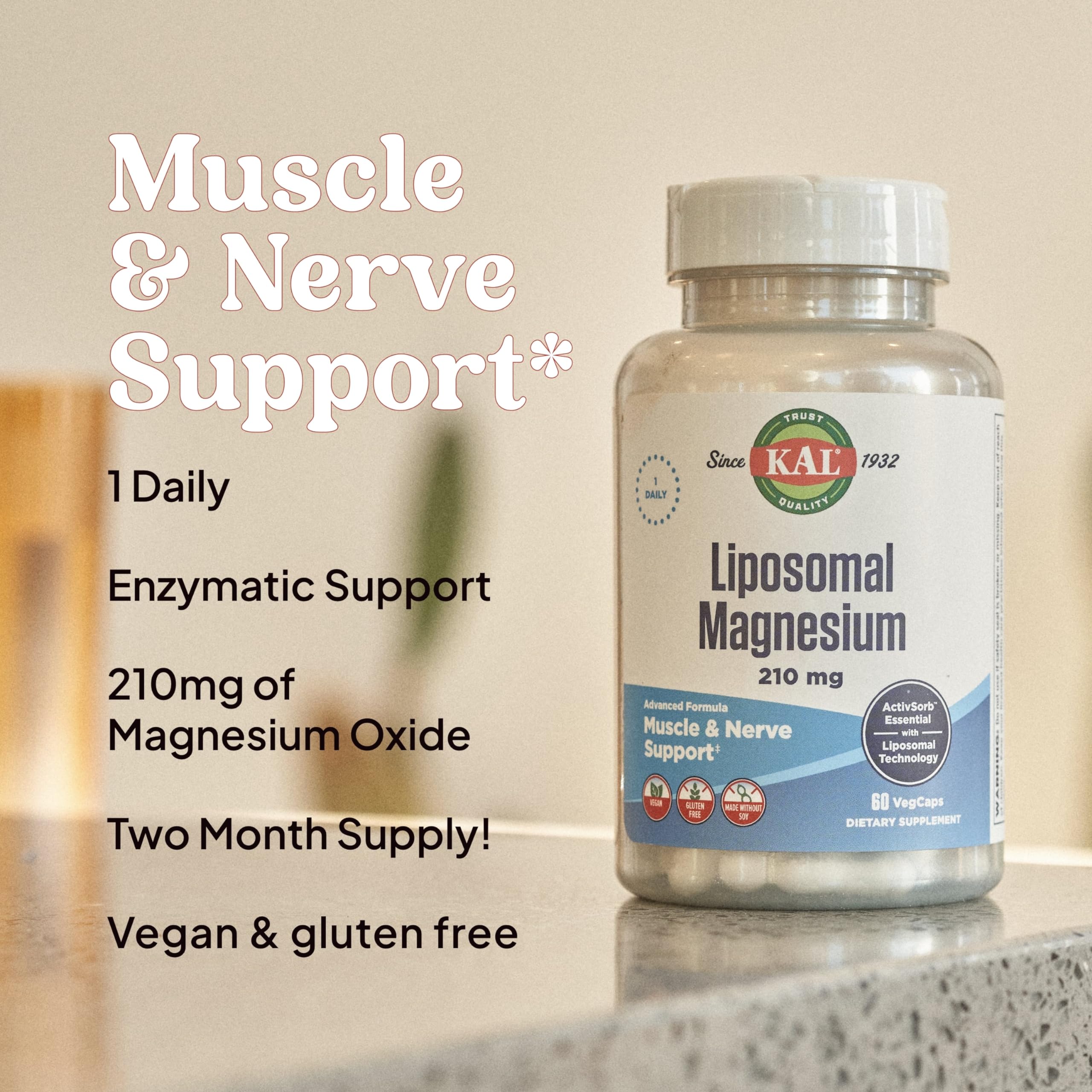 KAL Liposomal Magnesium Oxide 210 mg High Absorption, Liposomal Technology, Essentials Muscle Support, Advanced Formula, Vegan Capsules, Gluten Free, No Soy, 60 Servings — Amazon image 4