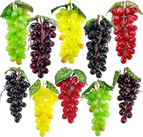 Toopify 10 racimos de uvas falsas, imitación decorativa de goma realista, racimos de uvas de plástico artificial para bodas, frutas, vino, cocina,
