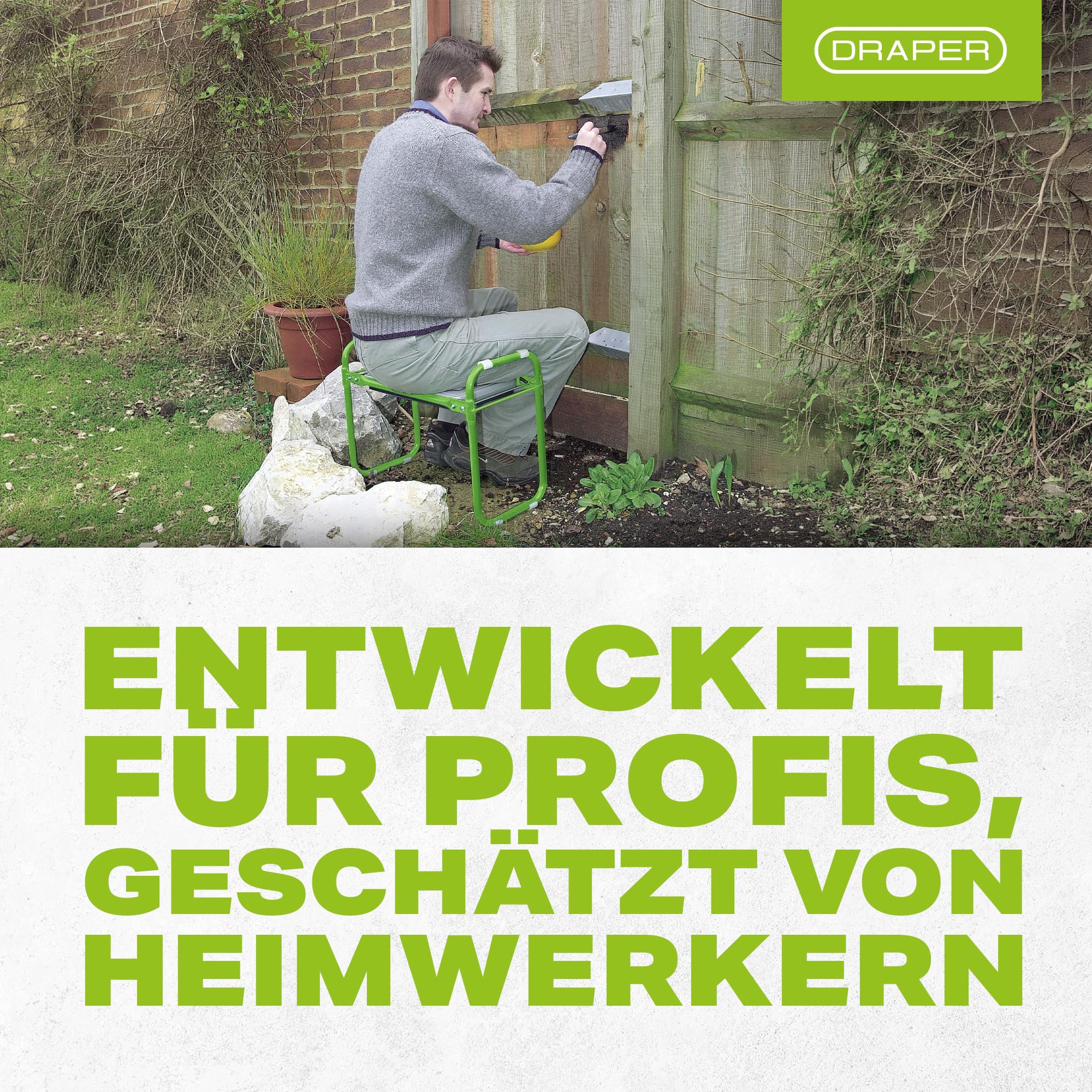 Draper Tools Klappbarer Gartenkniestuhl und Sitz | Doppelfunktionsbank mit dickem Schaumstoff-Kniepolster, Rohrrahmen, Gartenhocker lässt sich flach zusammenklappen