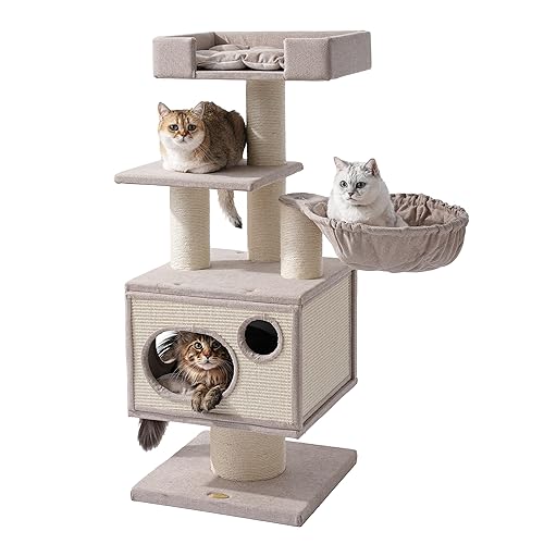 Maine Coon Cat Tree for Indoor Cats Large Adult,Modern Cat Tower for Extra Large Cats 20 lbs+,Heavy Duty Cat Tree with Sisal Scrathing Post,Hammock,Perch,Condo,Bed (Beige) - Beige