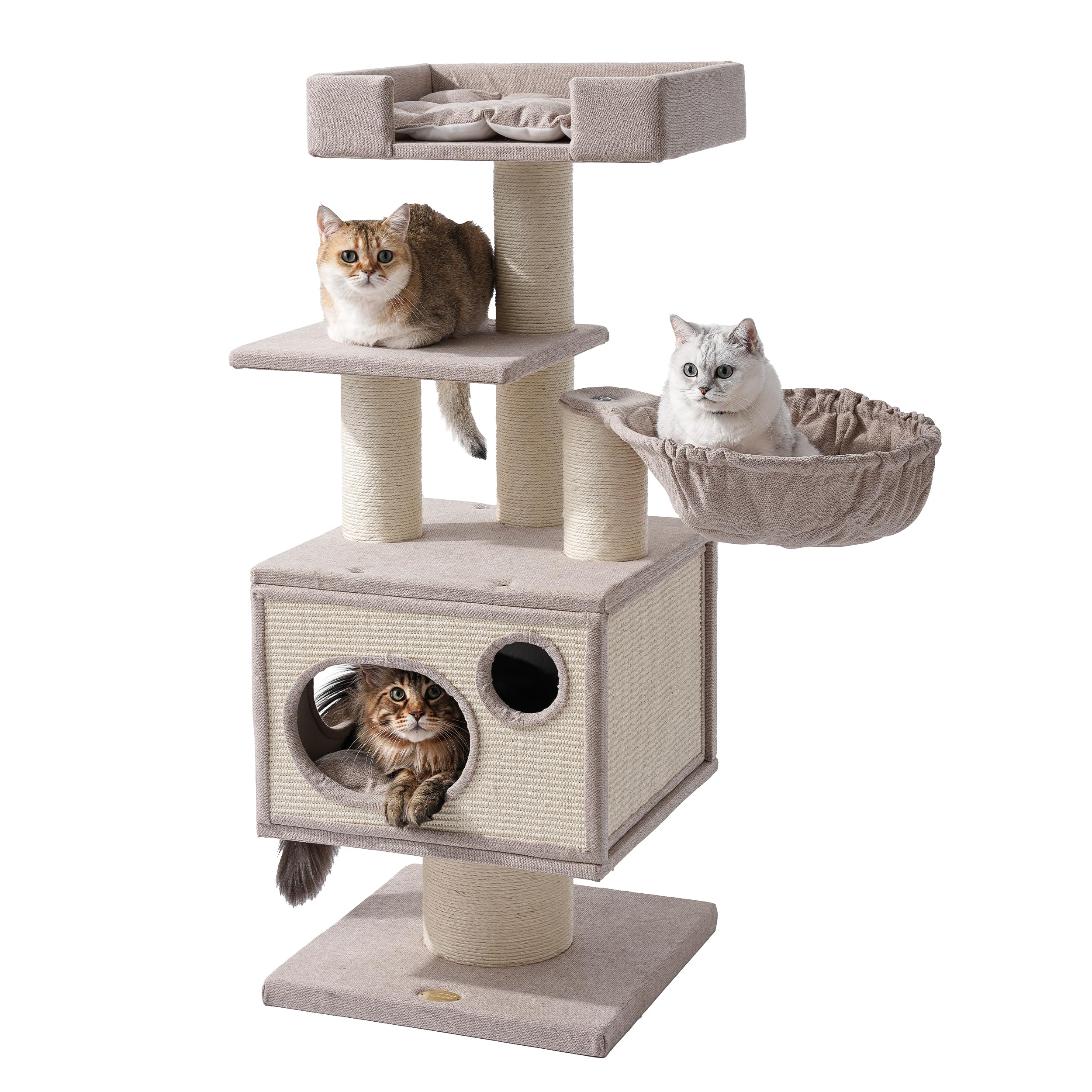 Maine Coon Cat Tree for Indoor Cats Large Adult,Modern Cat Tower for Extra Large Cats 20 lbs+,Heavy Duty Cat Tree with Sisal Scrathing Post,Hammock,Perch,Condo,Bed (Beige)