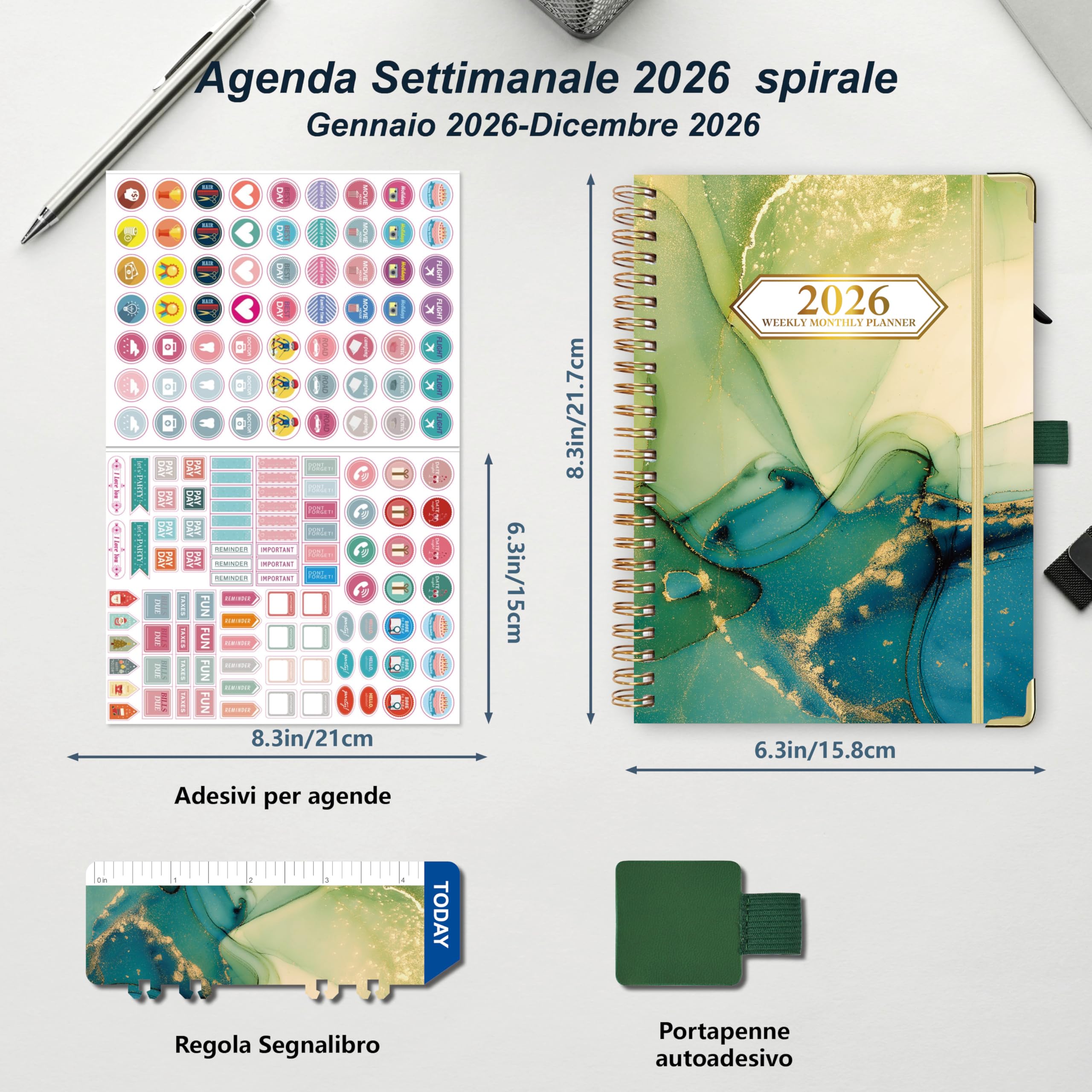 NEYSA Agenda 2026 Settimanale spirale, Diario Scuola A5 Da gennaio a dicembre 2026 (12 mesi) agenda scolastica con passante per penna, righello segnalibro e adesivi - 21,7 X 15,8 cm (Verde)