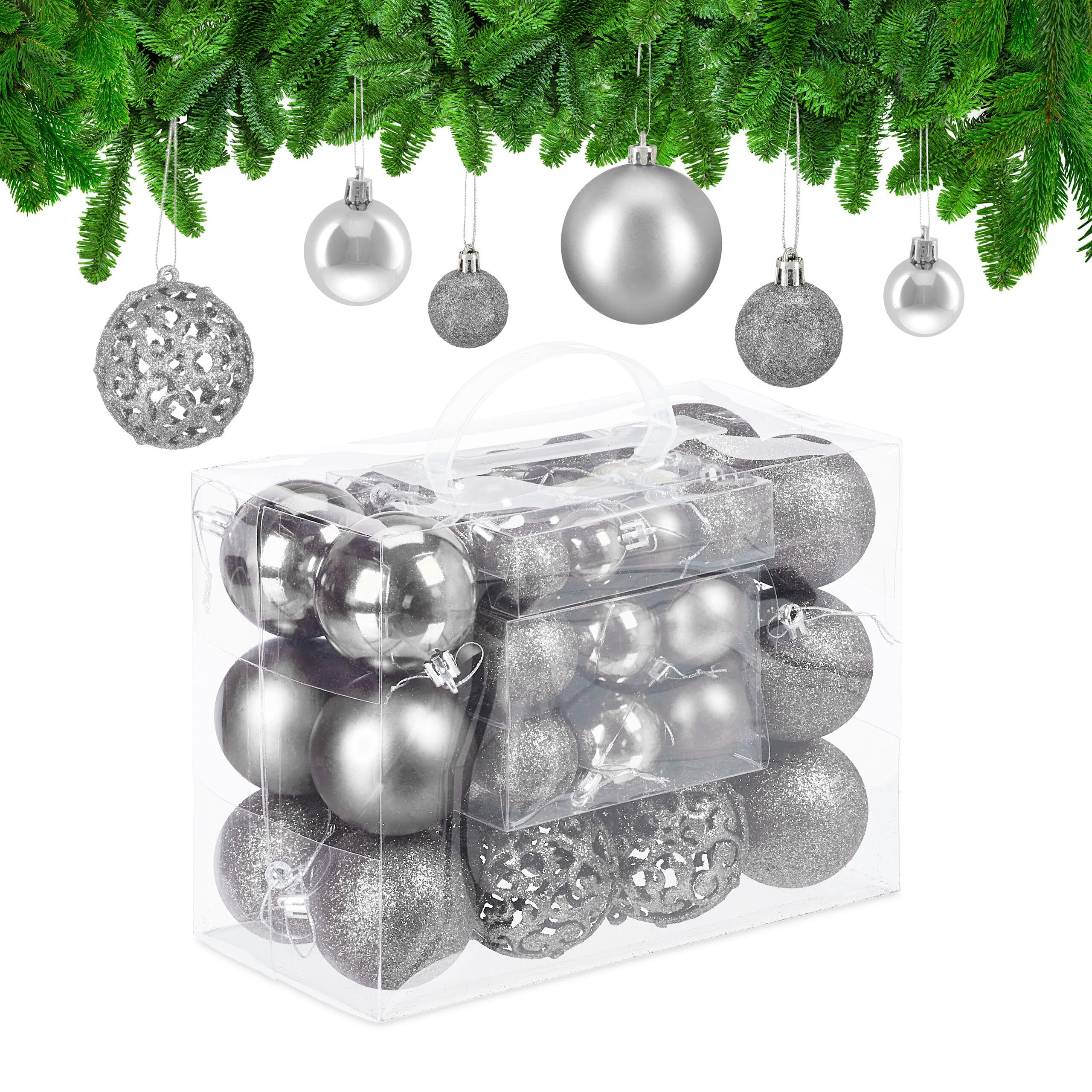 Relaxdays Weihnachtskugeln 50er Set – Silber, glitzernd, matt & glänzend