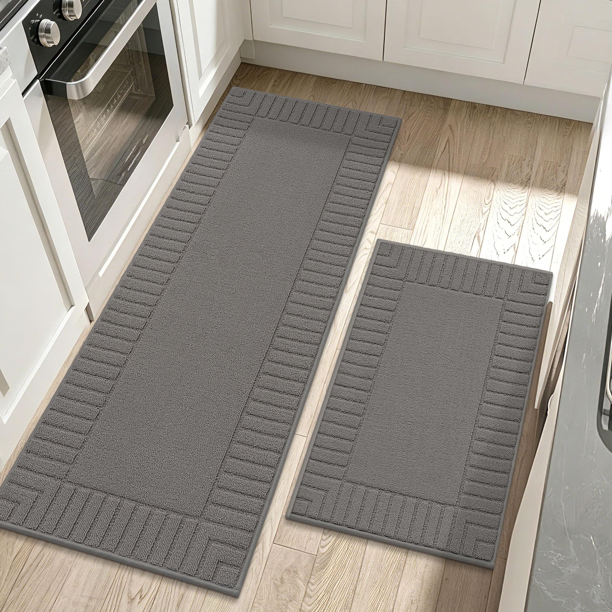 BEQHAUSE Kitchen Rugs Washable Kitchen Mats Floor Non-Slip Kitchen Mats Absorbent Kitchen Runner with TPR Non Skid Backing,Set of 2(60X89cm+60X152cm,Grey)