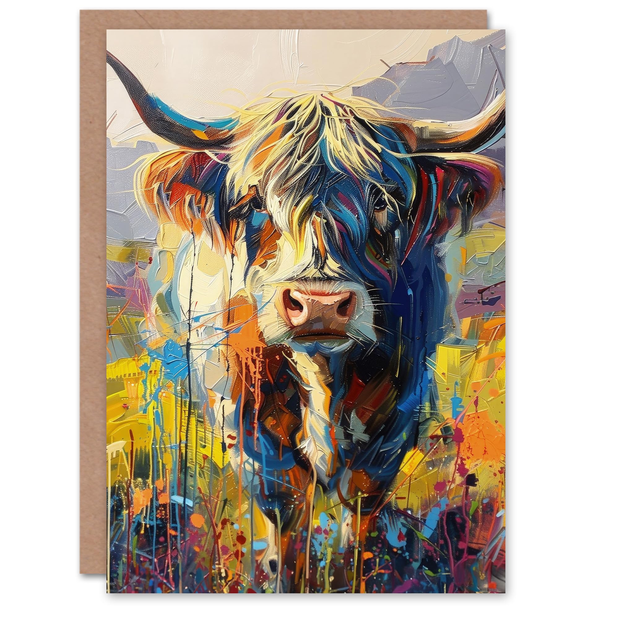 Artery8 Birthday Card Highland Cow Scottish Oil Painting For Him Man Male Dad Brother Son Papa Grandad Greeting Card