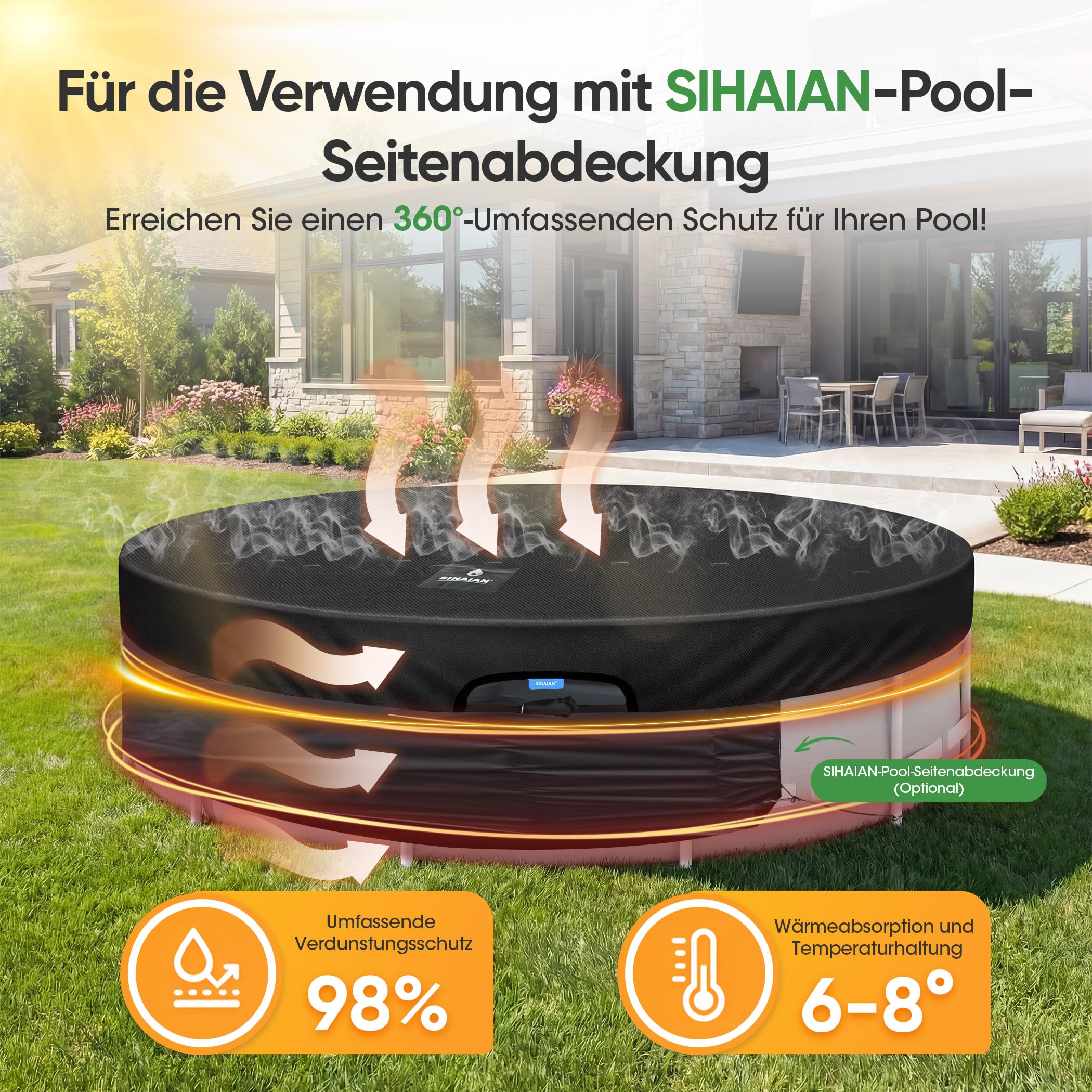 SIHAIAN Rundpoolabdeckung 305cm, Solar Poolabdeckung mit automatischem Abfluss für Aufstellpools, UV-Beständig, patentiertes einteiliges Spannsystem, verhindert Wasseransammlungen