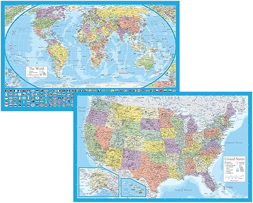 Miniatura 1 de Paquete de 2 pósteres laminados de mapa del mundo y juego de mapa de Estados Unidos  El diseño de mapa del mundo de la Tierra de Igualdad muestra