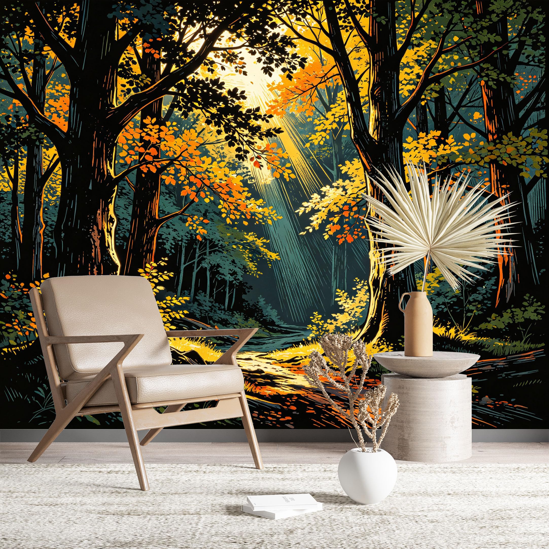 Custom Size Wall Murals Sunlit Autumn Forest Self-Adhesive Wall Fabric (NO PVC) Removable Wallpaper for Living Room Home Decor