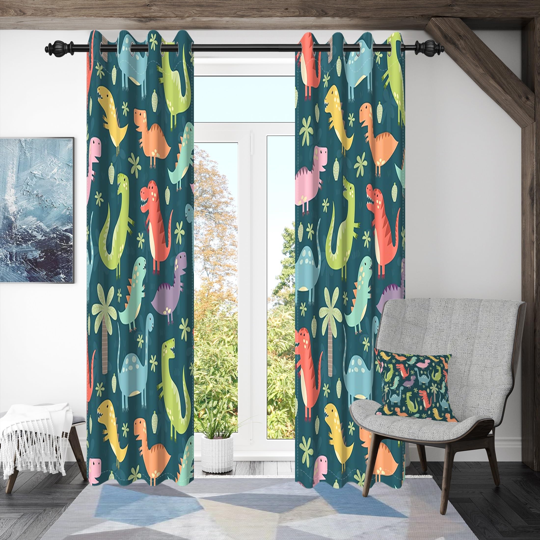 107x160cm Dessin animé Dinosaure Garçons Filles Rideau à œillets pour Chambre d'enfant Coloré Dino Mignon Animaux Rideaux occultants Thermiques pour Salle de Jeux bébé,2 Panneau