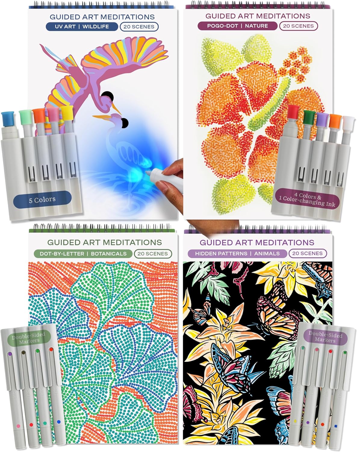 Lifelines FlowArt Activity Pads 4-Pack: Guided Art Meditations with Markers, 80 Scenes - Dot-by-Letter, UV Art, Stress Relief for Adults, Tweens, Seniors