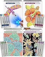 Lifelines FlowArt Activity Pads 4-Pack: Guided Art Meditations with Markers, 80 Scenes - Dot-by-Letter, UV Art, Stress Relief for Adults, Tweens, Seniors