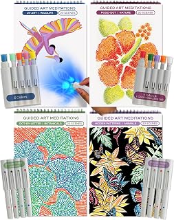Lifelines FlowArt Activity Pads 4-Pack: Guided Art Meditations with Markers, 80 Scenes - Dot-by-Letter, UV Art, Stress Relief for Adults, Tweens, Seniors