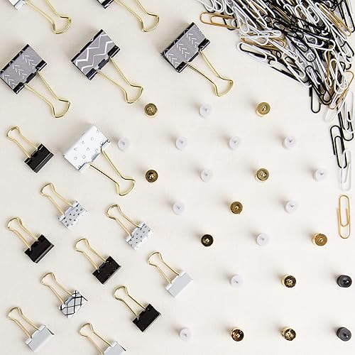 Miniatura 3 de U Brands Kit de accesorios de oficina, suministros de oficina, blanco y negro con oro, alfileres, papel y clips de carpeta, 173 unidades