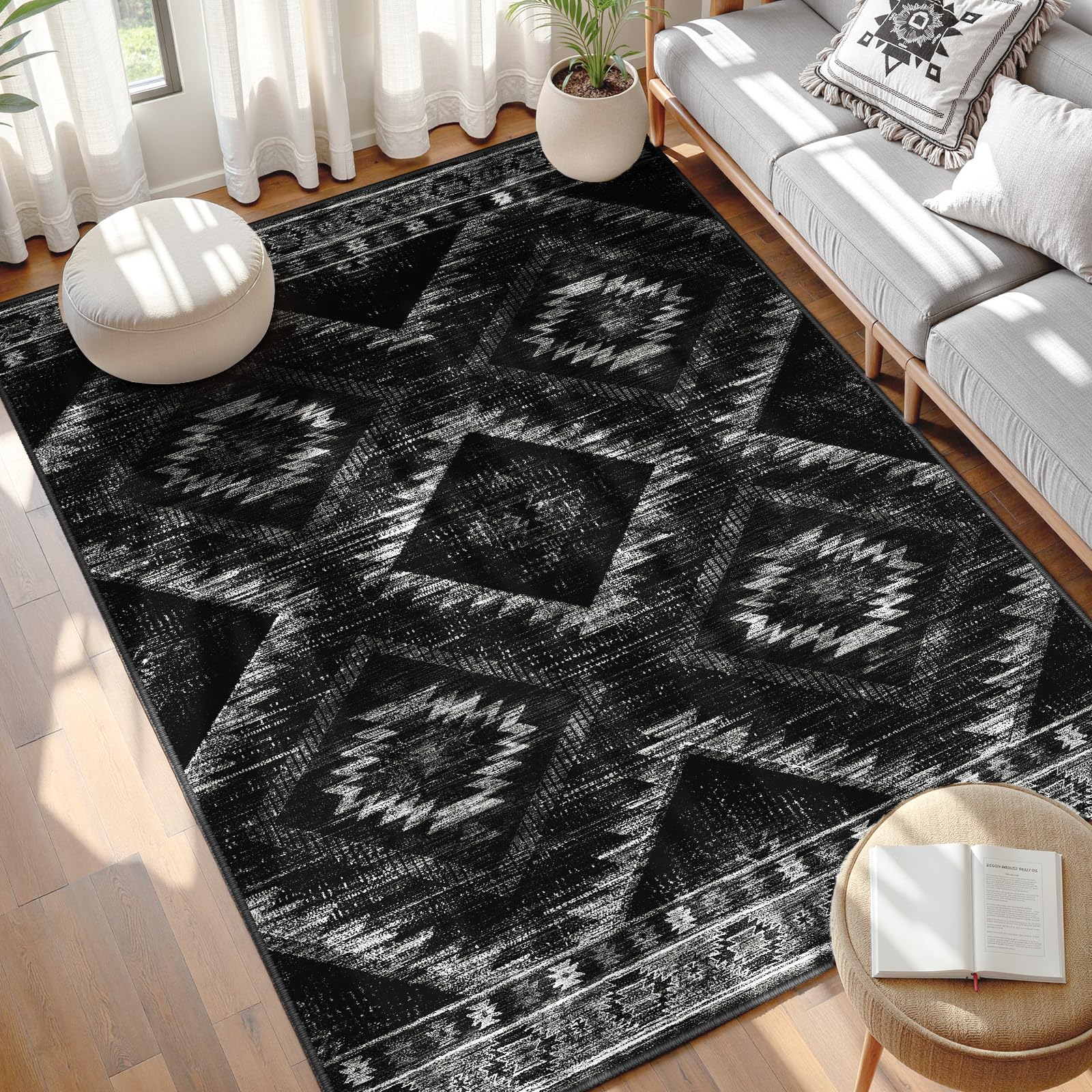 Area Rug 5x7 Rug Machine Washable Non-Slip Low Pile Print Pattern Western Rug for Living Room Bedroom Entryway Tribal Series -Black