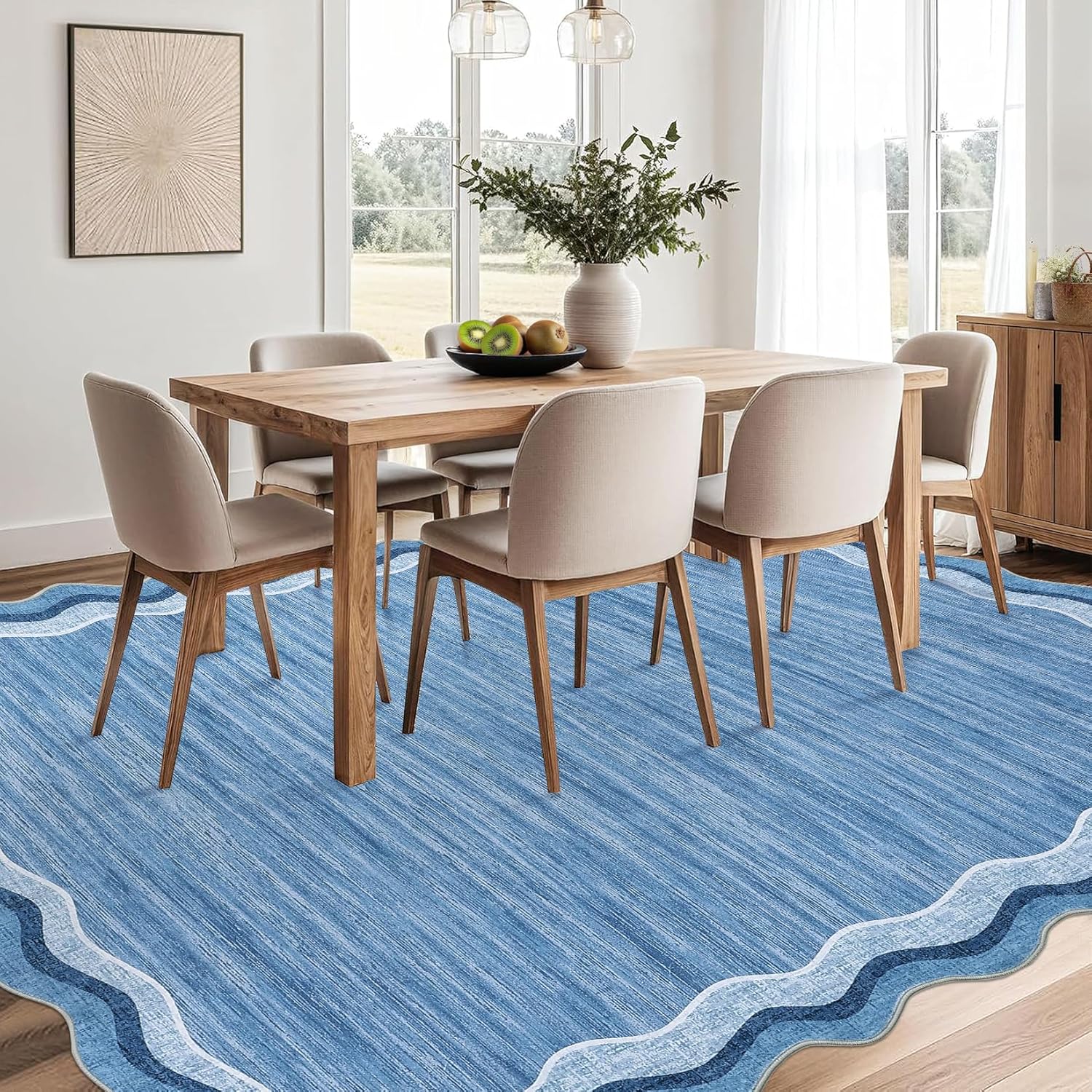 COZYLOOM Large Scalloped Area Rugs 9x12 Washable Modern Living Room Rug with Non-Slip Backing, Contemporary Low Pile Accent Carpet, Stain-Resistant Foldable Floor Cover for Dining Room, Blue