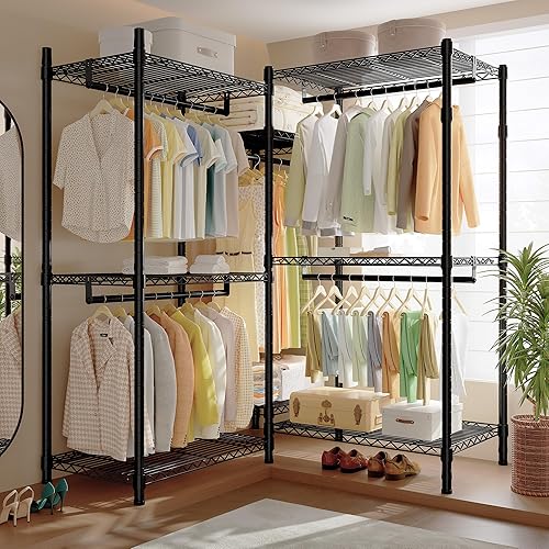 Vista 6 de Raybee Perchero de ropa con cubierta, perchereros para colgar ropa resistente, armario portátil con estantes, ajustable, carga de 905 LBS, negro