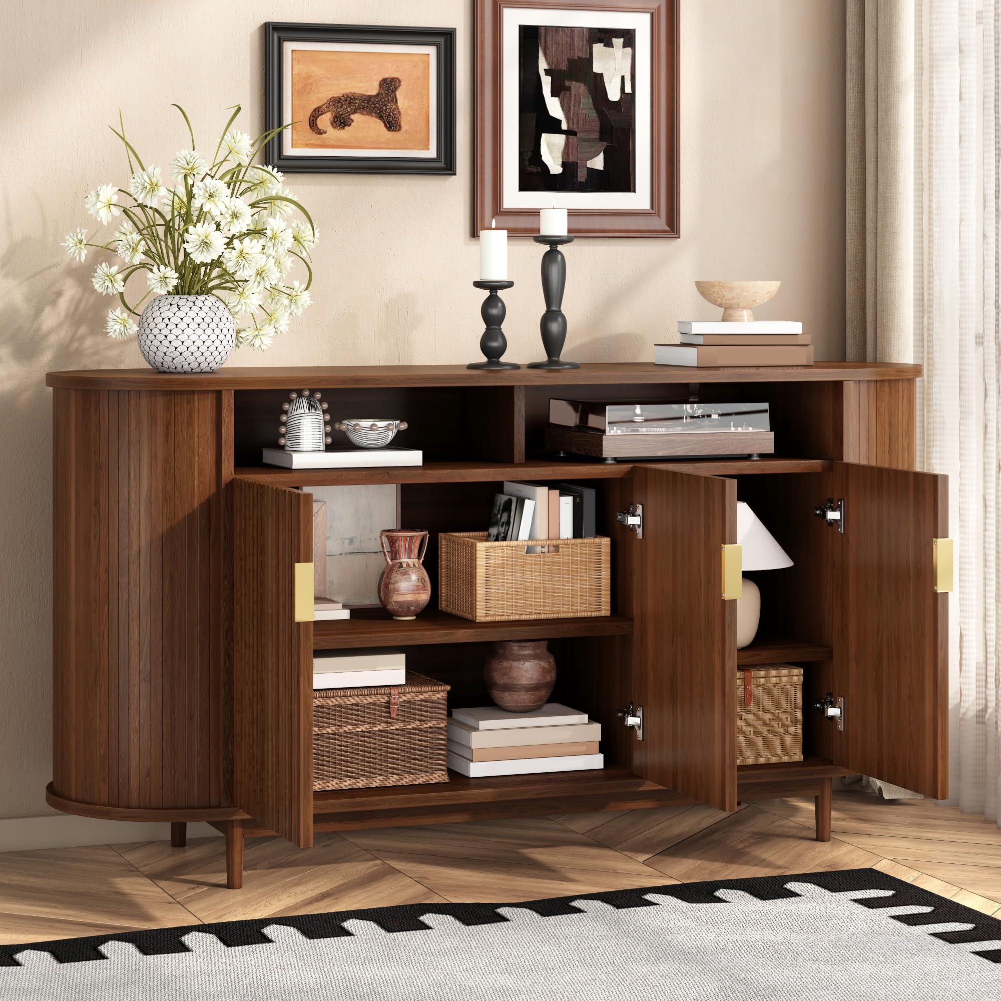 Buffet, Meuble de Rangement en MDF avec 3 Portes et et Pieds en pin, 140 x 40 x 78 cm Buffet Cuisine avec Panneaux de Particules, pour Salon, Salle a Mangeret et Entrée, Aspect Bois, Noyer