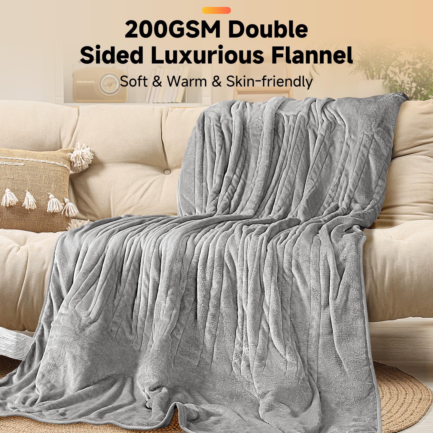Couverture Chauffante, Couverture Électrique 160 x 130 cm, Flanelle Douce, 9 Niveaux de Chauffage, 10H de Minuterie, Chauffage Rapide, Protection Contre la Surchauffe, Lavable en Machine, Gris