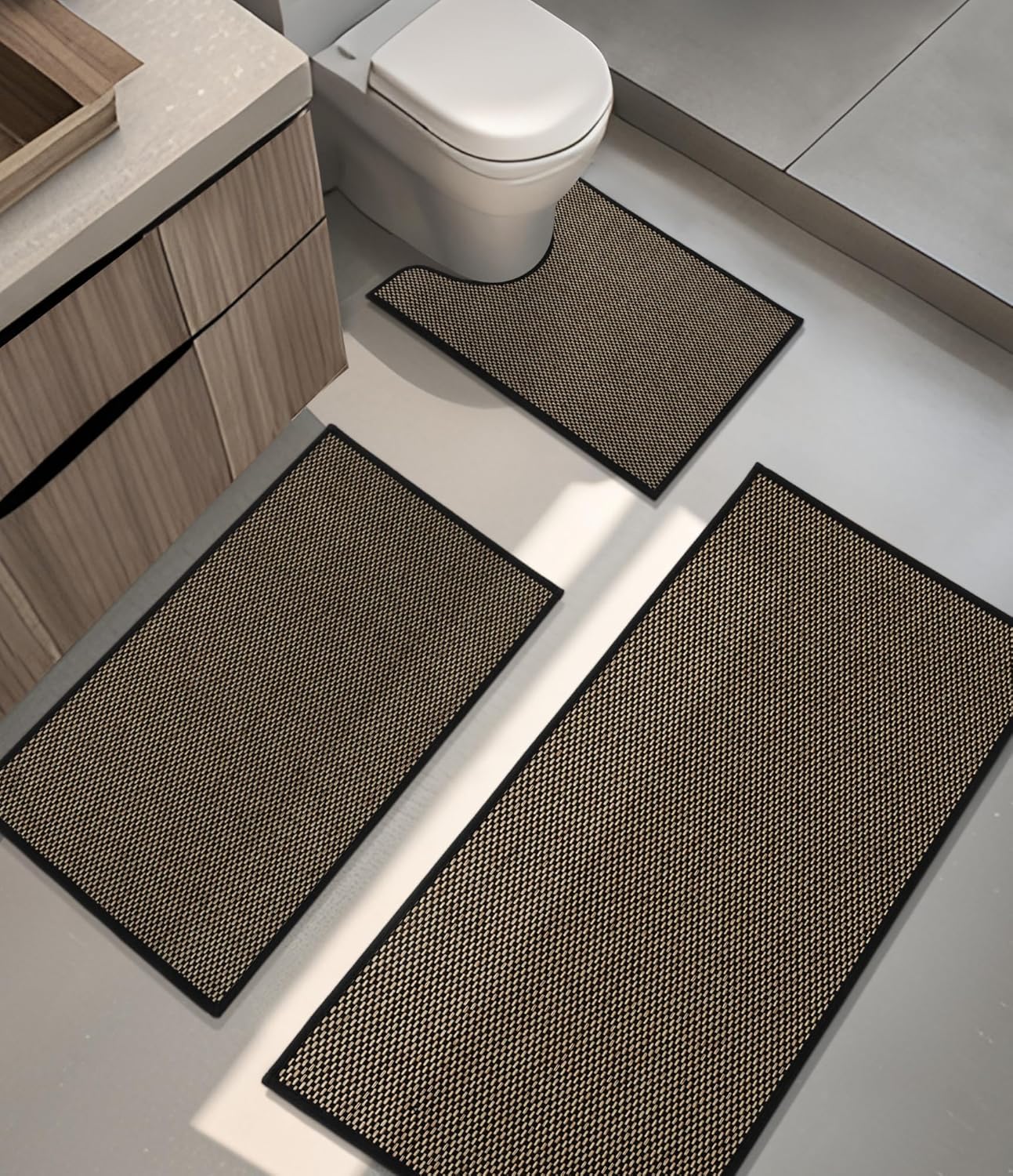 YIHOUSE Bathroom Rugs Sets 3 Pieces, Black Ultra Thin Bath Mats Fit Under Door, Absorbent Quickly Dry Rubber Backing Braided Bath Mat Set, Non Slip Washable Bath Rugs for Bathroom Floor, Black 3pieces Black