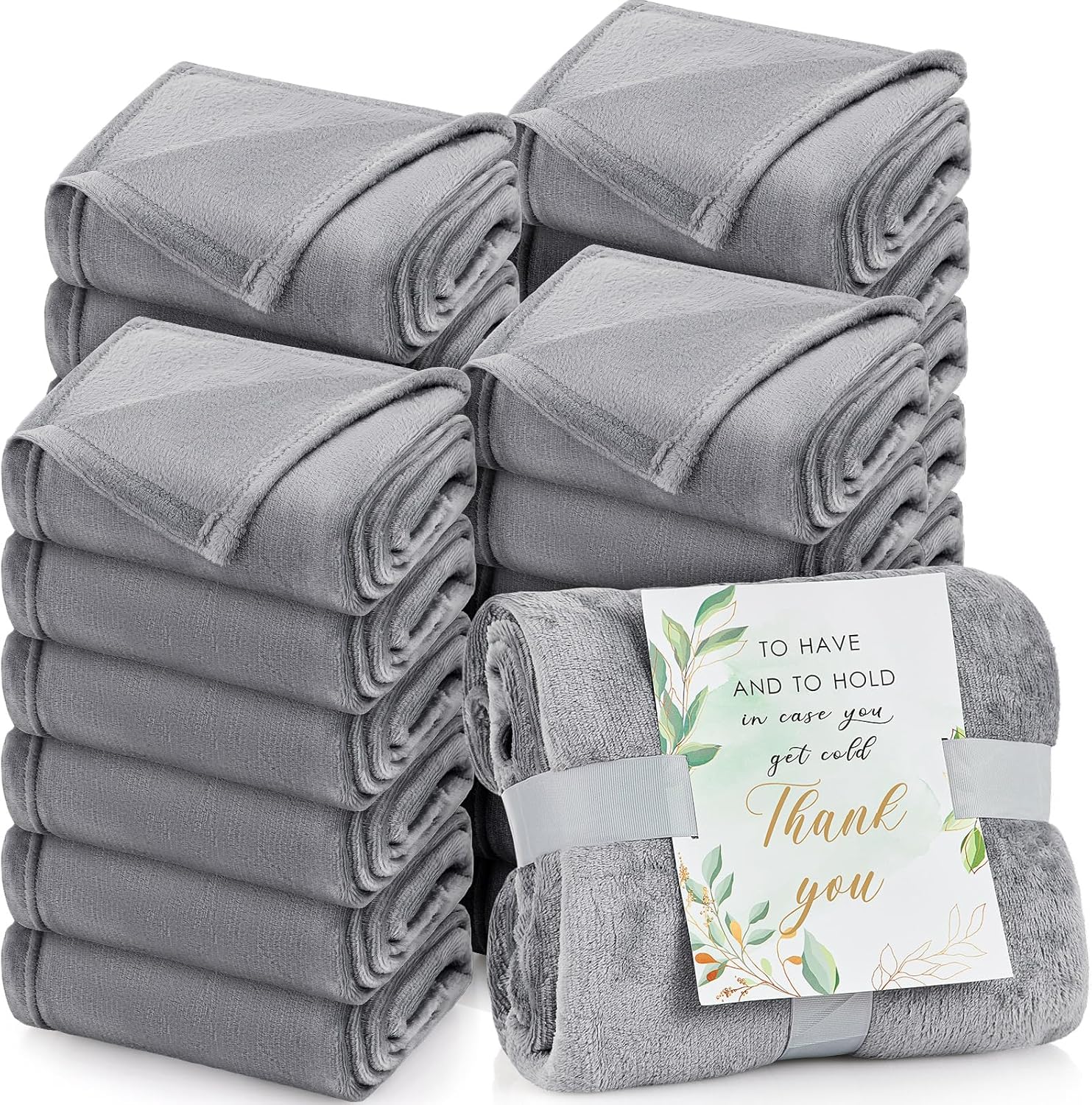 Buryeah 24 Pack Flannel Throw Blanket Bulk 50 x 60 Inch Soft Blanket with Thank You Cards and Ribbon for Wedding Favors Lightweight Cozy for Bed Sofa (French Grey)