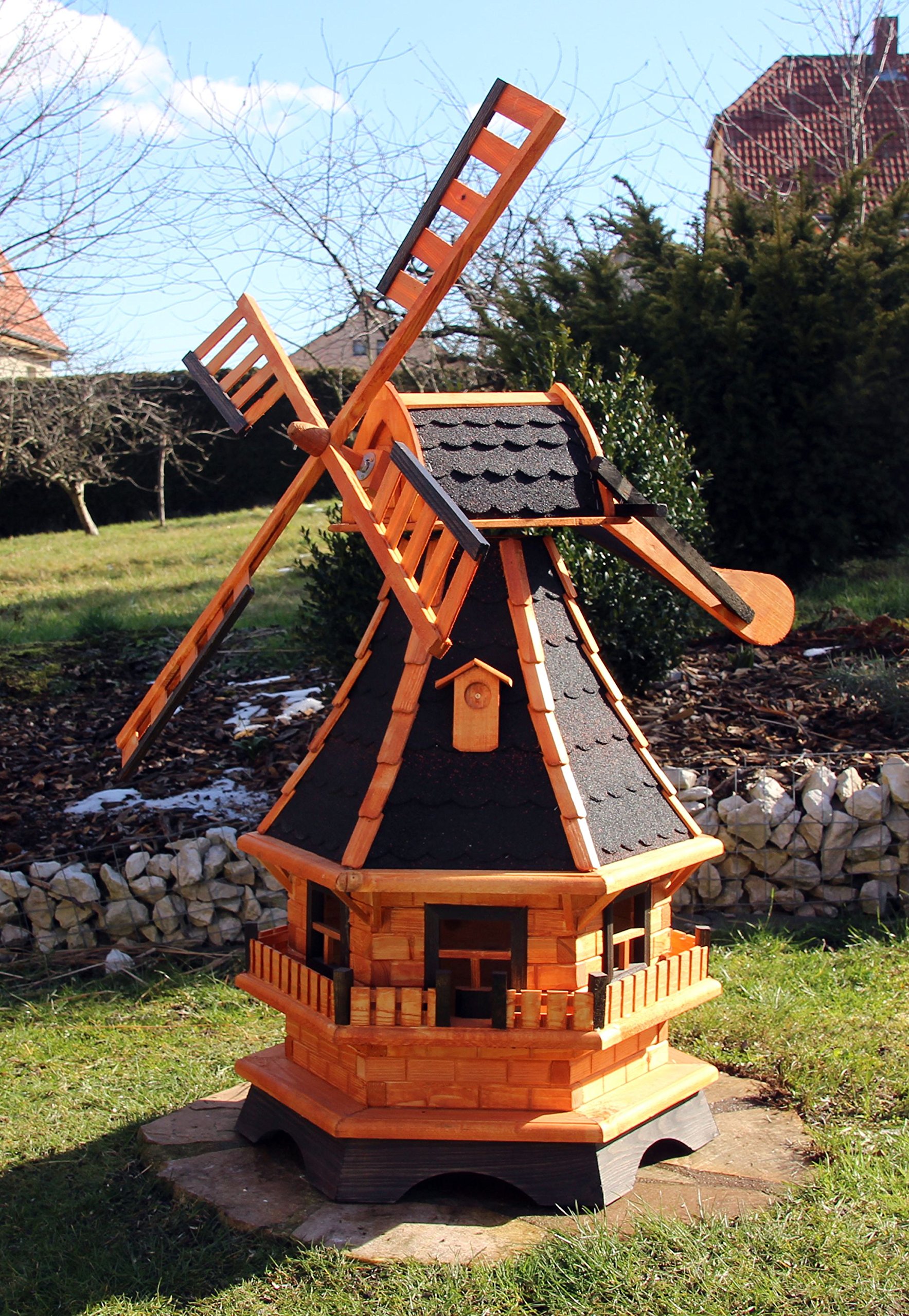 Molino, Molino de viento Madera con Veleta Tipo 18 y Iluminación solar LED - Negro, Grande