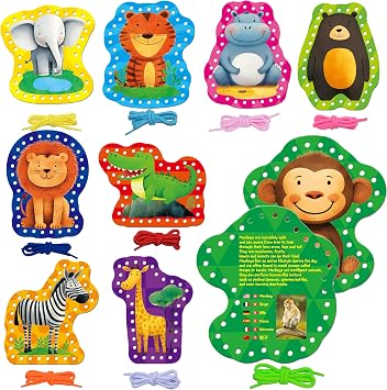 SpriteGru 9 PCS Kids Lacing Cards, 9 Double Sided Wild Animals Sewing Cards with 9 Colorful Laces, Educational & Learning Toys for Preschoolers, Kids Ages 3+