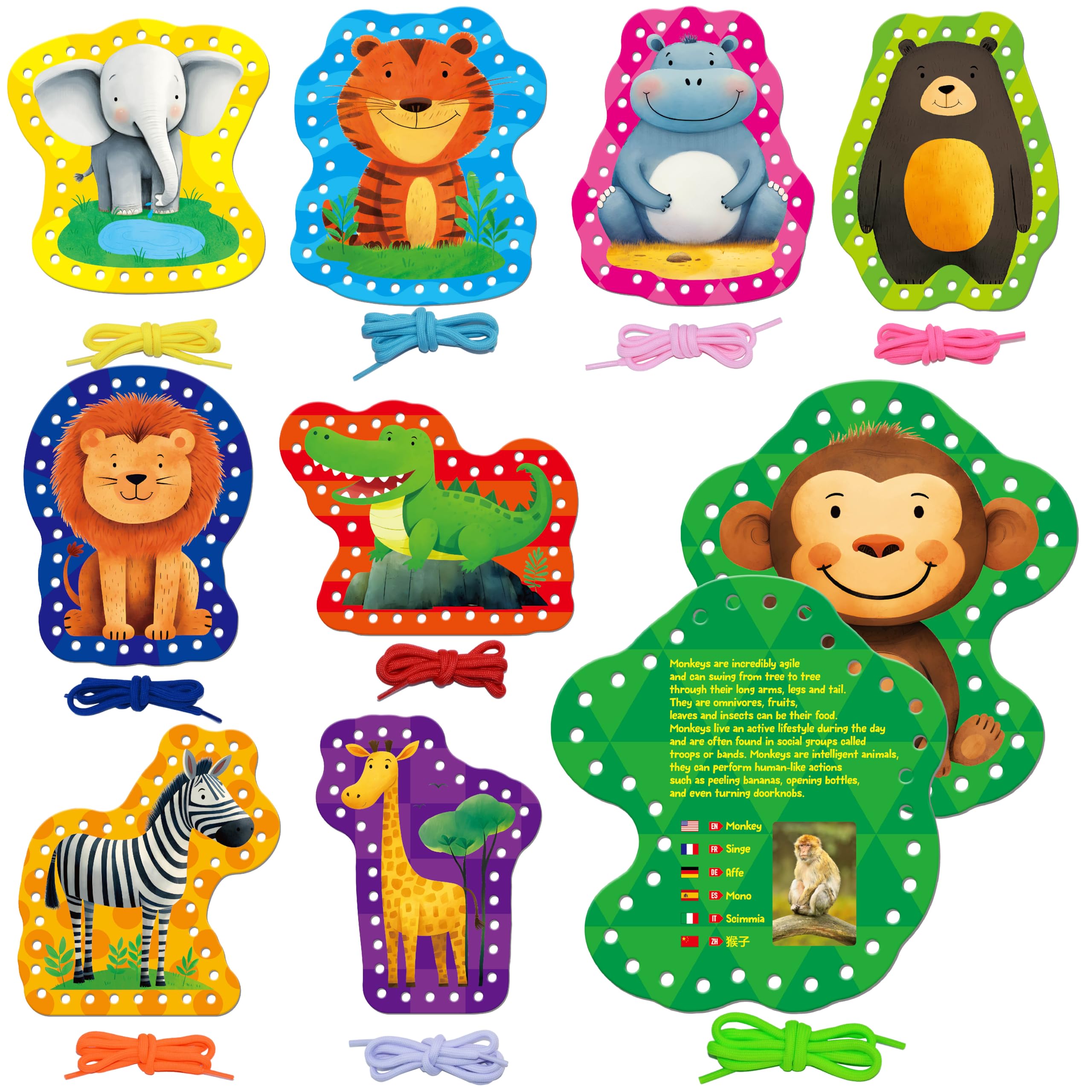 9 Pieces Kids Lacing Cards, 9 Wild Animals Double Sided Sewing Cards with 9 Colorful Laces, Educational & Learning Activity Games, Imagination Development Lacing Toys for Preschoolers, Kids Ages 3+