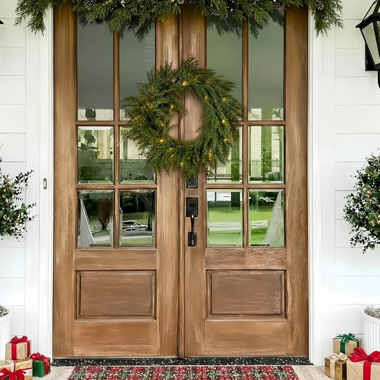 Valery Madelyn Real Tough Norfolk Pine Wreath for Front Door, 20'' Outdoor Christmas Wreath with Lights, Artificial Fake Pine Needles Wreath for Home Wall Window Porch Fireplace Winter Holiday Decor