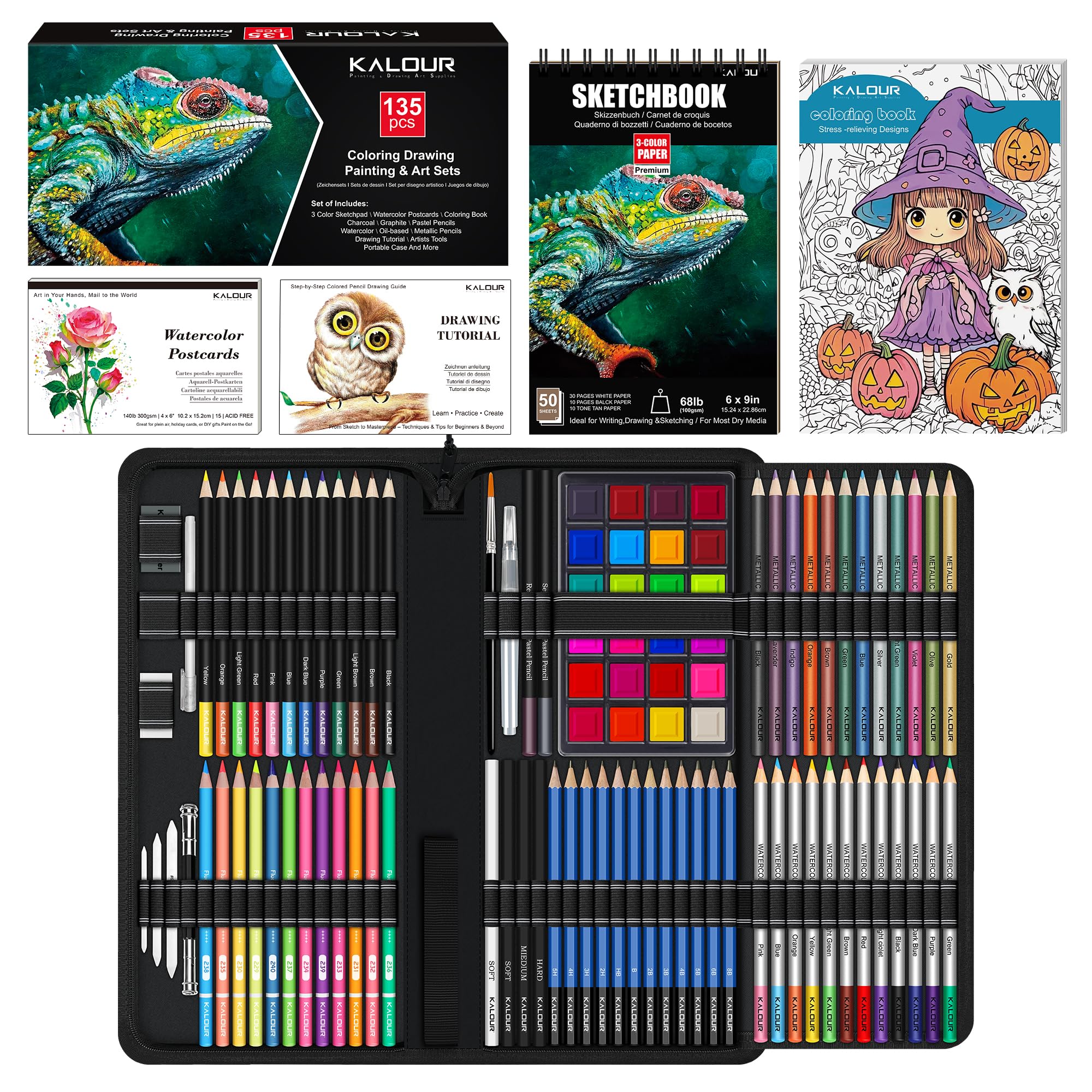 KALOUR 135 Drawing Set Sketching Kit, Art Supplies with 3-Colour Sketchbook & Colouring Paper, Includes Tutorial, Oil-Based, Neon, Charcoal, Watercolour & Metallic Pencils, for Artists Beginner