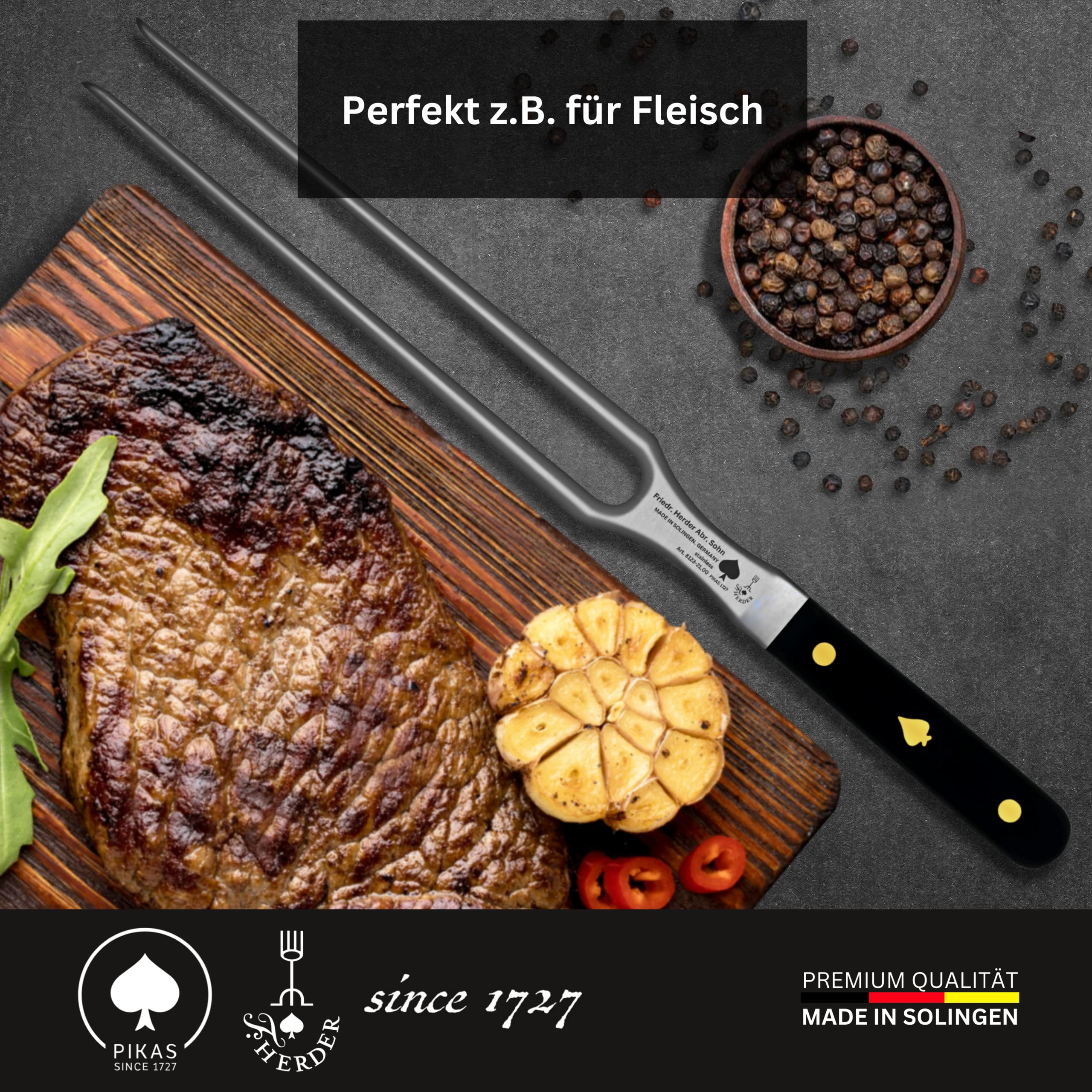 Fleischgabel Premium aus Solingen, Extrascharf, Rostfrei, Gabellänge 21 cm – Grillgabel, Fleisch und Grillgut, Spülmaschinengeeignet, Deutschland
