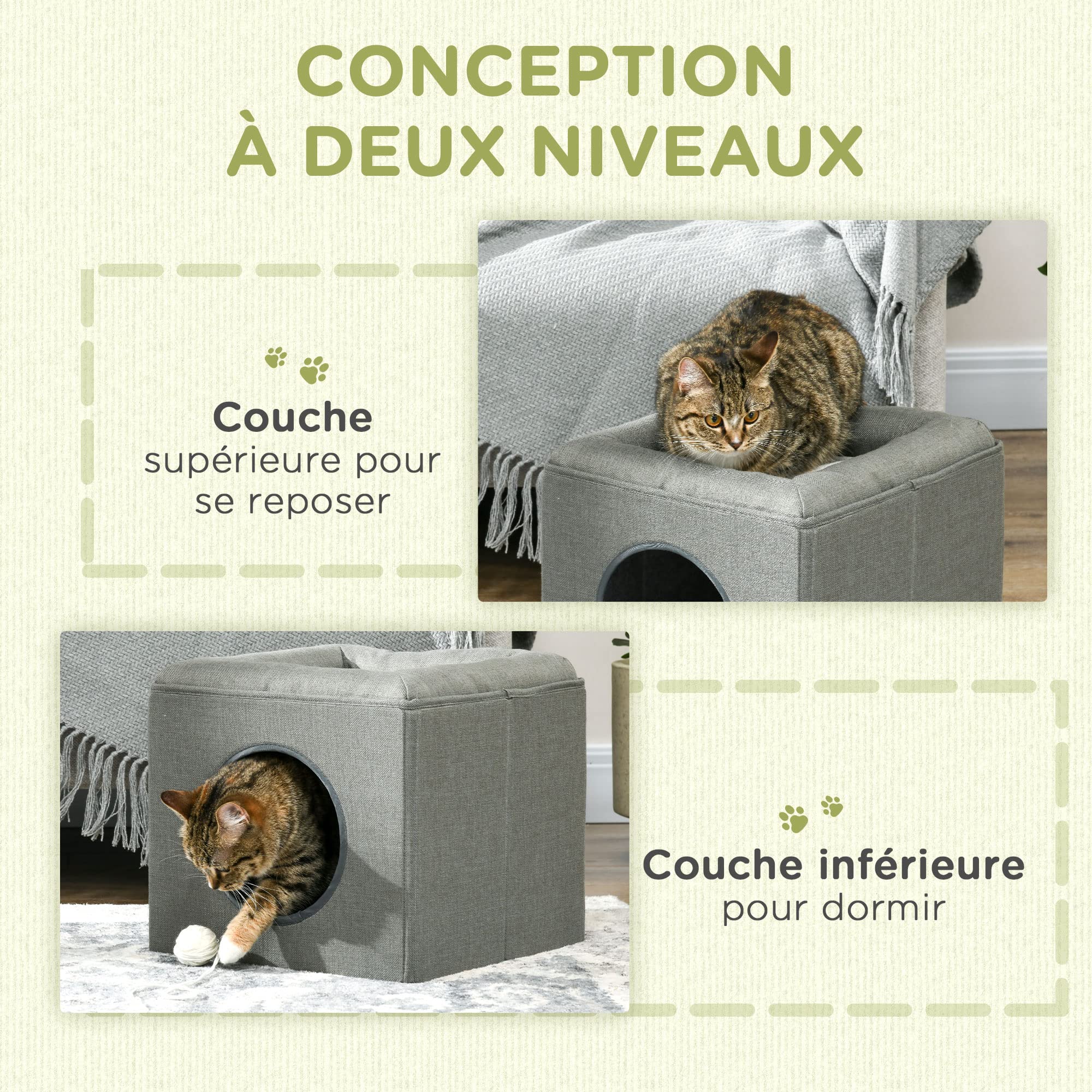 PawHut Maison Niche pour Chat 2 Niveaux avec Coussin Moelleux en Peluche - 36,5 x 36,5 x 33 cm Gris
