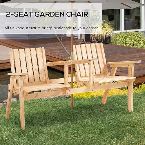 Miniatura 4 de Outsunny Banco de patio, banco de jardín con mesa central y agujero para paraguas, banco de madera al aire libre para patio, porche, junto a la