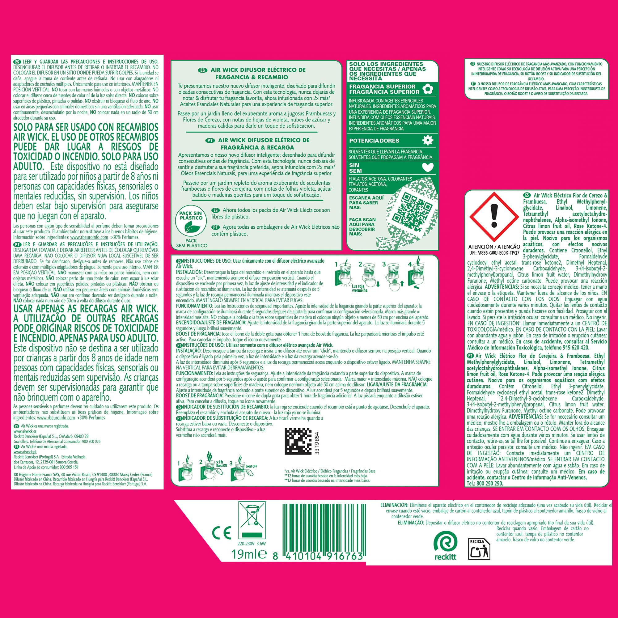 Air Wick Ambientador Eléctrico - Aparato difusor Inteligente con tecnología Anti-Fading y Recambio con Aroma a Flor de Cerezo y Frambuesa, infusionado con 2 Veces más aceites Esenciales