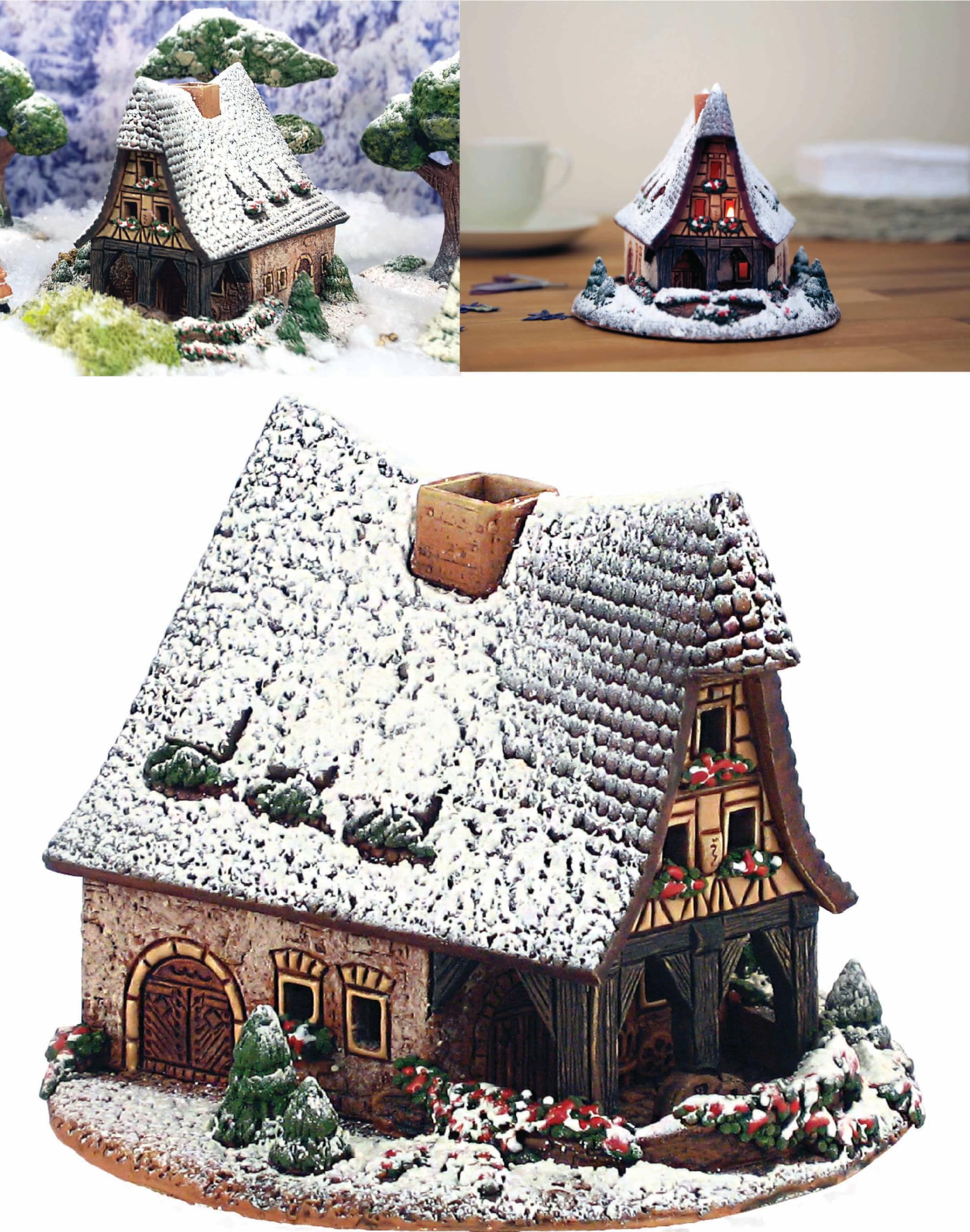Ceramic Christmas Village Houses Collection - Handmade Miniature of Smithery in Rothenburg, Germany - Winter Edition - Tealight Candle Holder, Home Decor