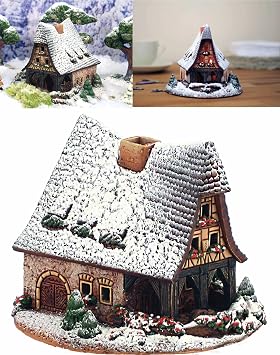 Ceramic Christmas Village Houses Collection - Handmade Miniature of Smithery in Rothenburg, Germany - Winter Edition - Tealight Candle Holder, Home Decor