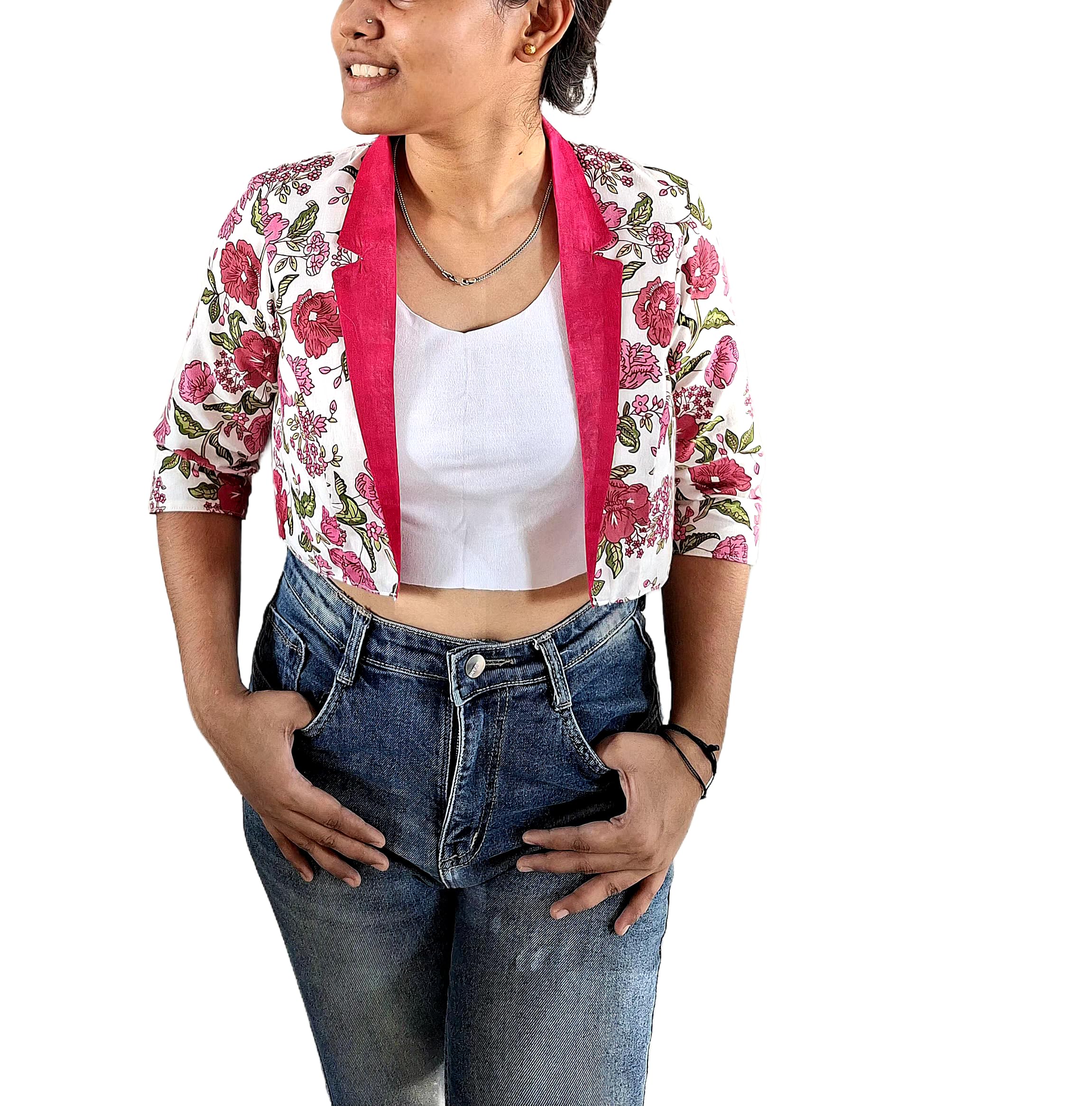Women's Floral Print Cropped Blazer, Pink and White-picture-29