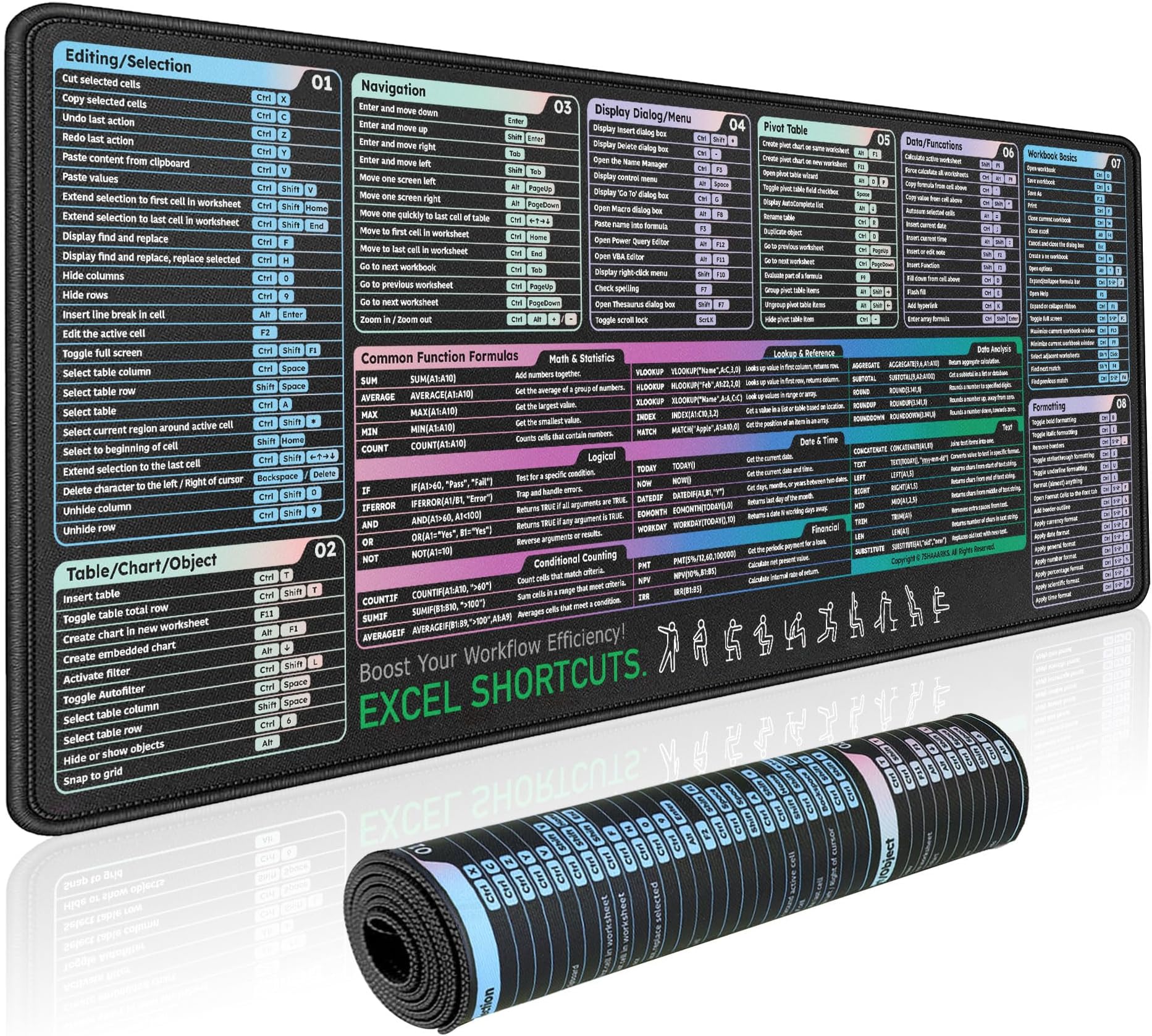 Excel Shortcuts Key Mouse Pad (31.5" x 11.8") | XXL Cheat Sheet Desk mat with 120+ Excel Keyboard Shortcuts, Non-Slip Rubber Base, Cheat Sheet Gaming Mousepad or PC Office