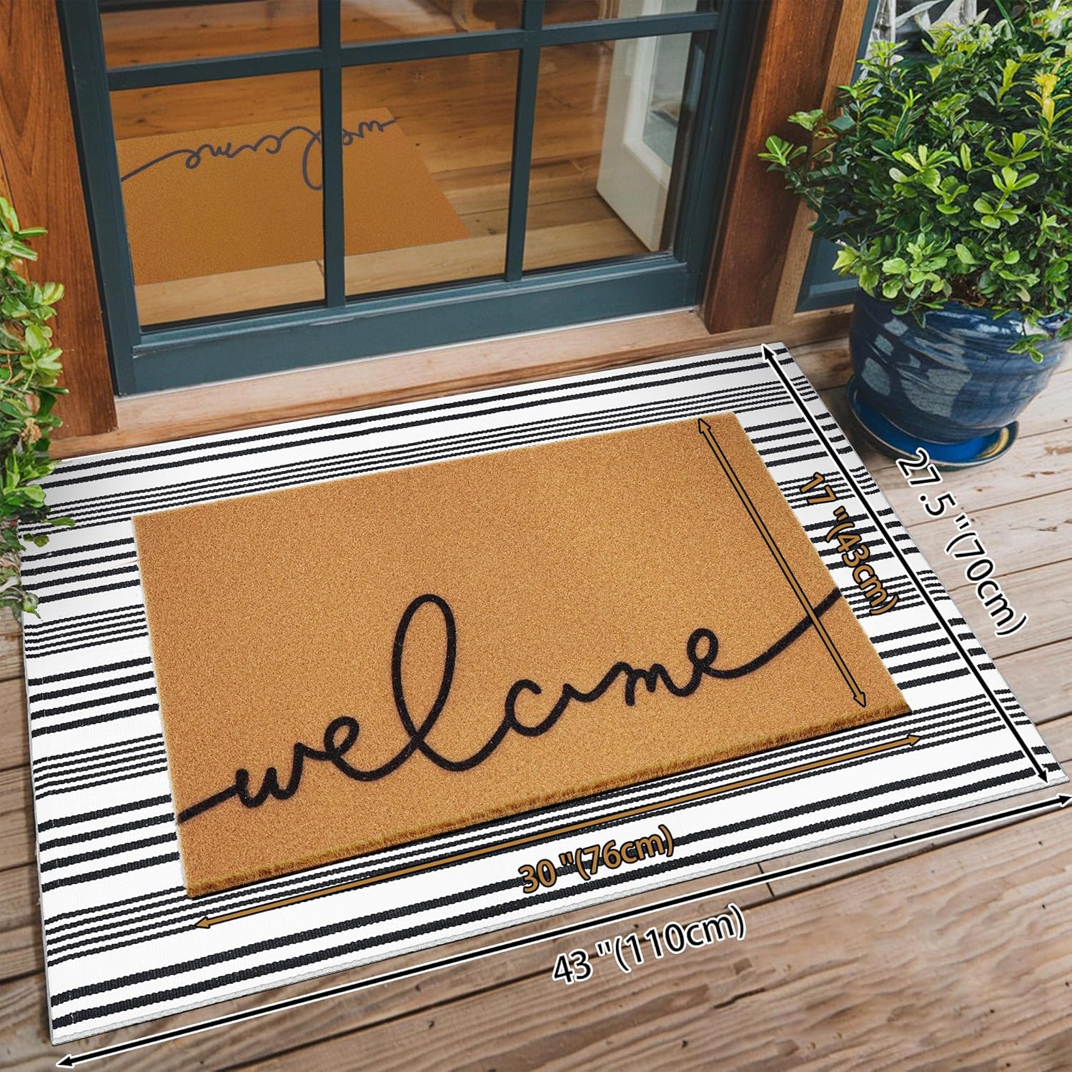 2 Pcs Summer Door Mat, Coco Coir Welcome Doormat with Black and White Striped Mats, Extra Thick & Non-Slip Backing for Farmhouse Front Porch Entryway, Seasonal Layered Porch Décor Floor Mat (Welcome) Welcome Mat
