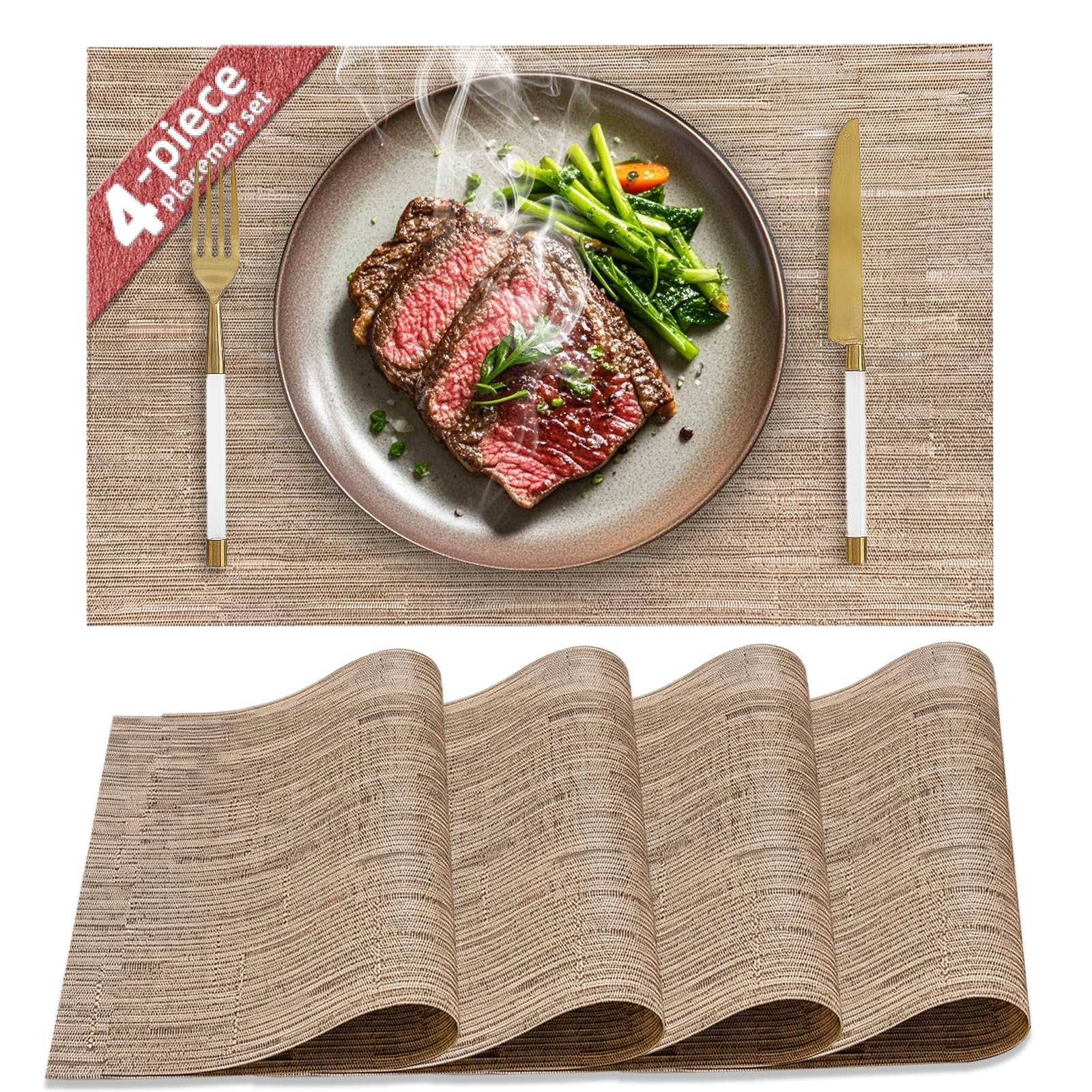 HELI MIAO Table Mats Set of 4, PVC Place Mats Washable Non-Slip & Heat Resistant, Wipe-Clean Woven Placemats for Kitchen Dining Table Hotel, 17"X12" – Brown — image 1
