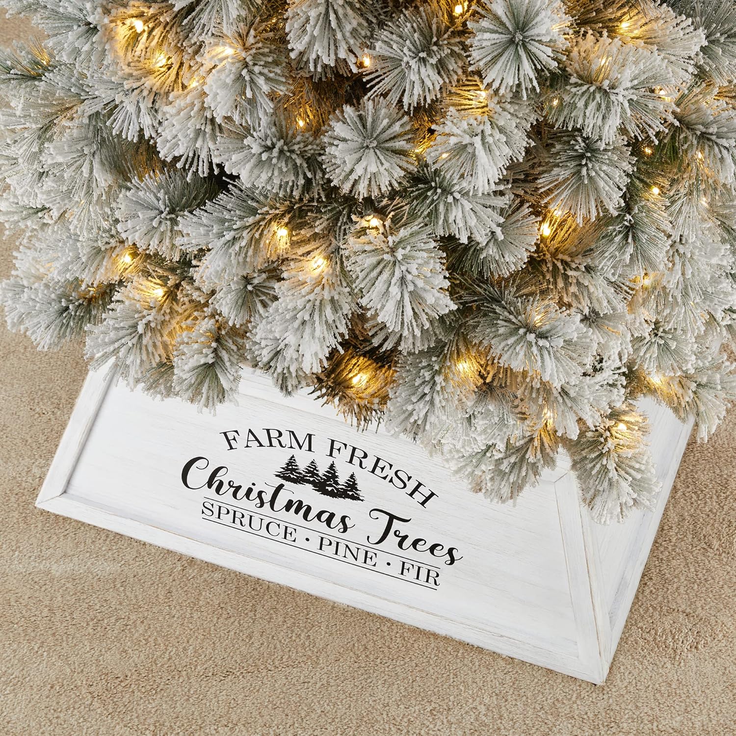 Glitzhome 26 inch Wooden Trapezoid Christmas Tree Collar, Washed White Farmhouse Stand Cover for 9ft Holiday Decor, Rustic Ring for Artificial or Real Trees, Easy Assembly & Storage