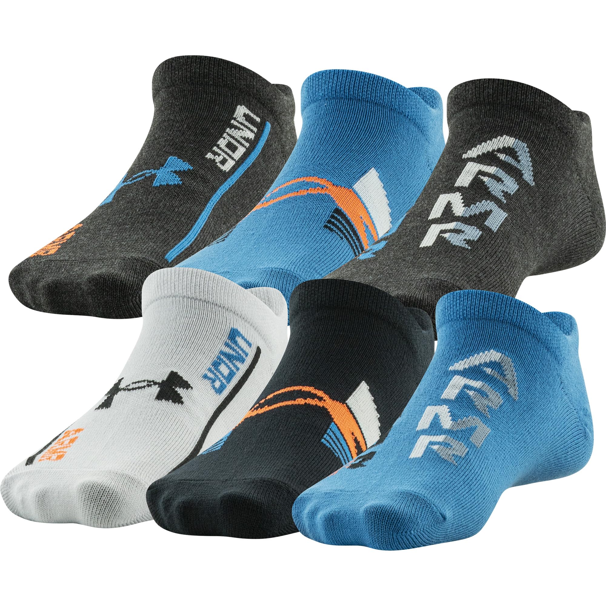 Under Armour Youth Essential Lite No Show Socks, 6-Pairs, Cosmic Blue/Black Assorted, Medium