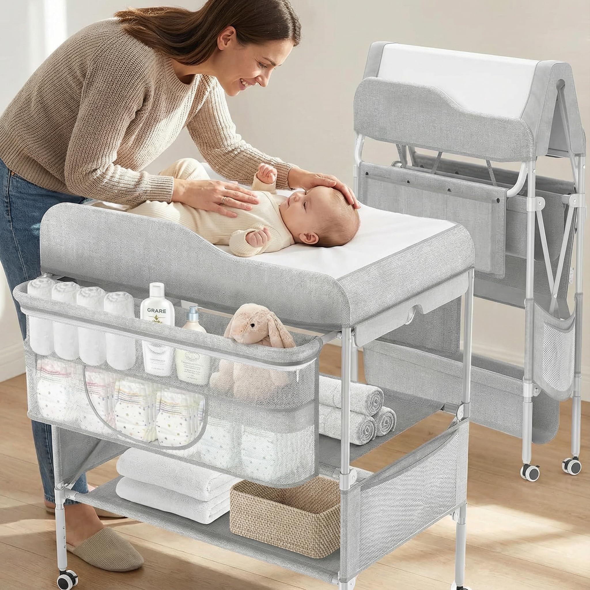 Homodoskey Portable Baby Changing Table, Folding Mobile Nursery Organizer with Wheels, Waterproof Diaper Station Pad Topper for Infant, Large Storage Rack&Adjustable Height(Grey)