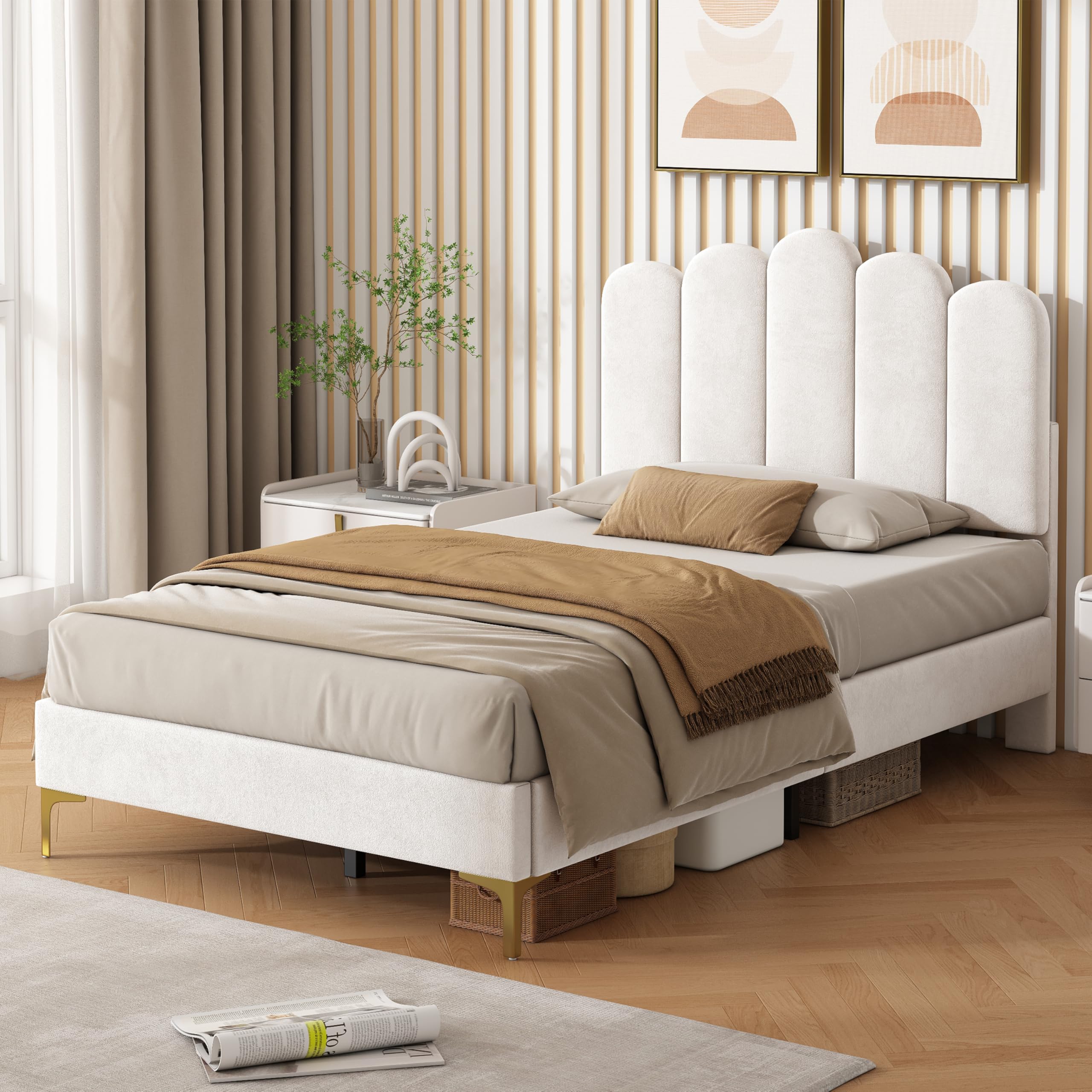 Coolfish 3ft Single Velvet Upholstered Bed Frame, Scalloped Tufted Headboard with Height Adjustable & Gold Metal Feet, Under-Bed Storage, No Box Spring, Beige — image 1