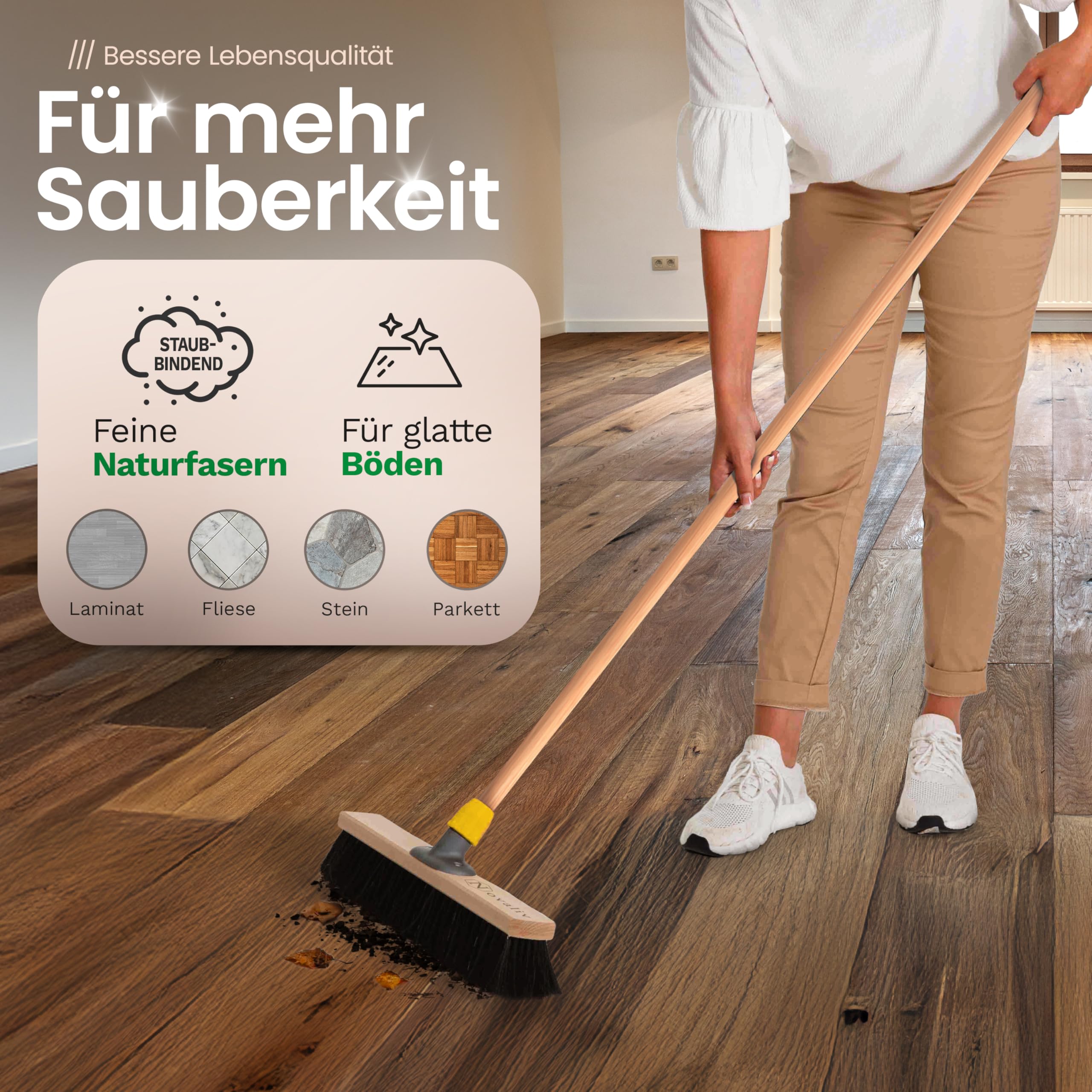 Novaliv 4X Besen Rosshaar Mischung 40 cm I Besen mit Holzstiel I Saalbesen weiche Borsten I Kehrbesen Zimmerbesen Stubenbesen