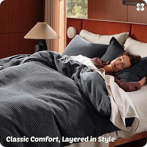 Miniatura 6 de Bedsure Funda de edredón de 100% algodón de 2 plazas, tejido gofre, color carbón, GentleSoft y transpirable, juego de cama para todas las
