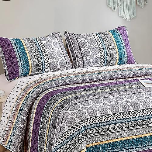 Miniatura 4 de WONGS BEDDING Juego de edredón bohemio tamaño King, juego de edredón bohemio de 3 piezas, juego de ropa de cama ligero de verano para todas las