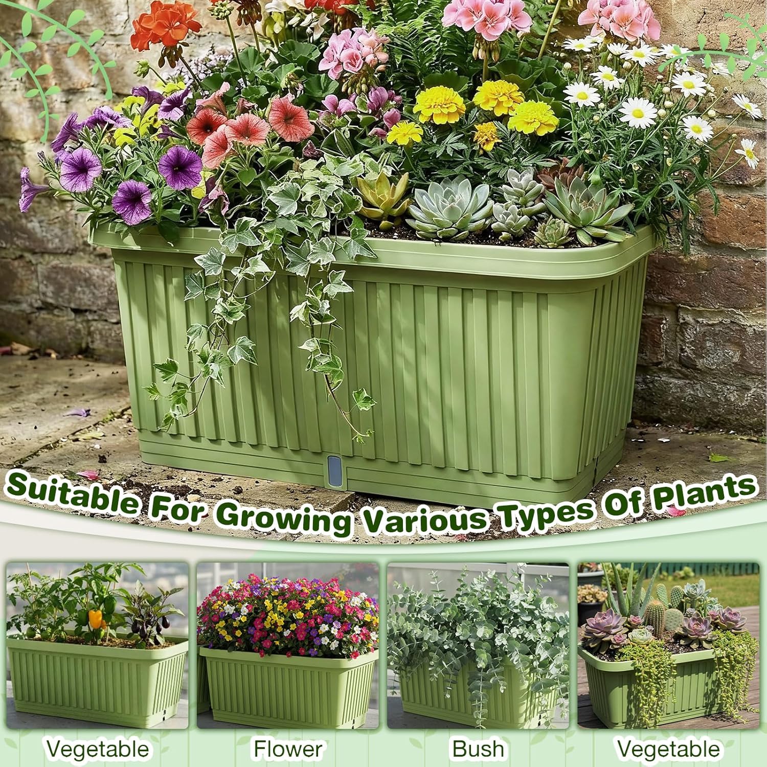 3 Pcs Large Planter Boxes Deep Rectangular Planter Boxes Outdoor Lightweight Plastic Planting Flower Pot with Drainage Holes Plant Pot for Patio, Courtyard, Lawn, Outdoor(Green,20 Inches)