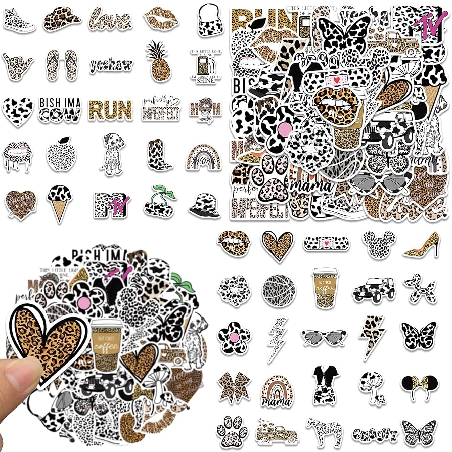 200 Pcs Leopard Print Stickers Cute Black White Leopard Vinyl