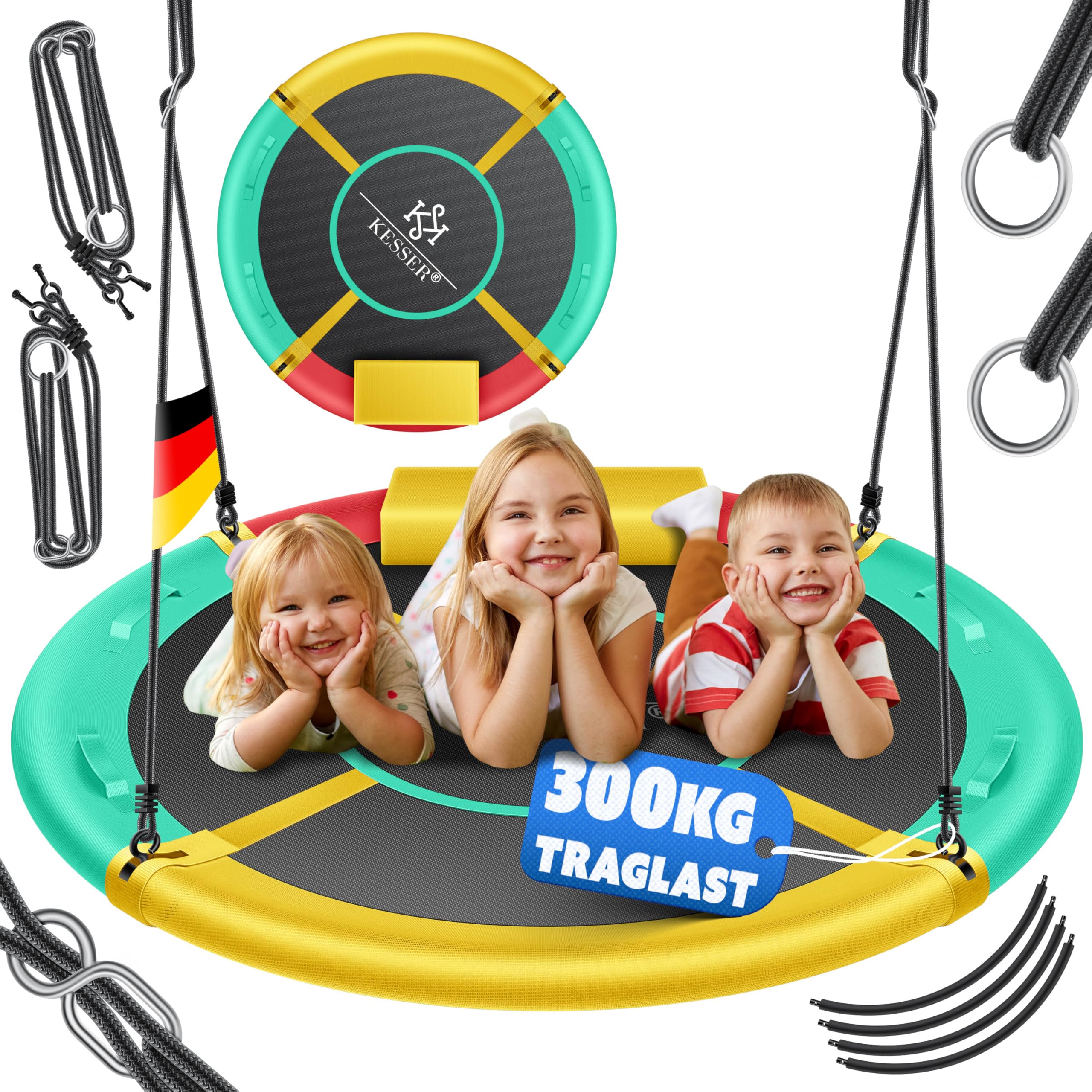KESSER Nest Swing, Round Swing, Diameter 120 cm, Holds up to 300 kg, with Cushion and 4 Handles, Adjustable for Indoor and Outdoor Use for Children and Adults
