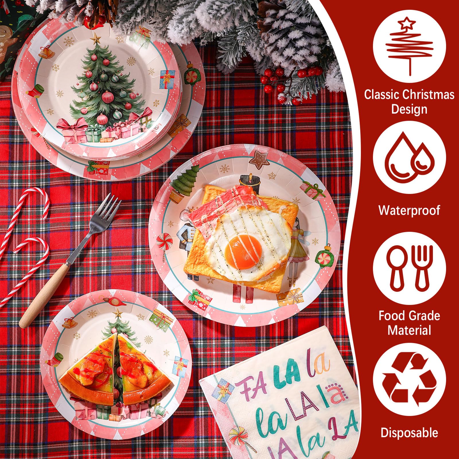 Funnymoom 200 piezas de suministros de fiesta de Navidad, platos y servilletas de Navidad, platos de papel de Navidad, 50 platos de cena de Navidad, 50 platos desechables de postre, 100 servilletas